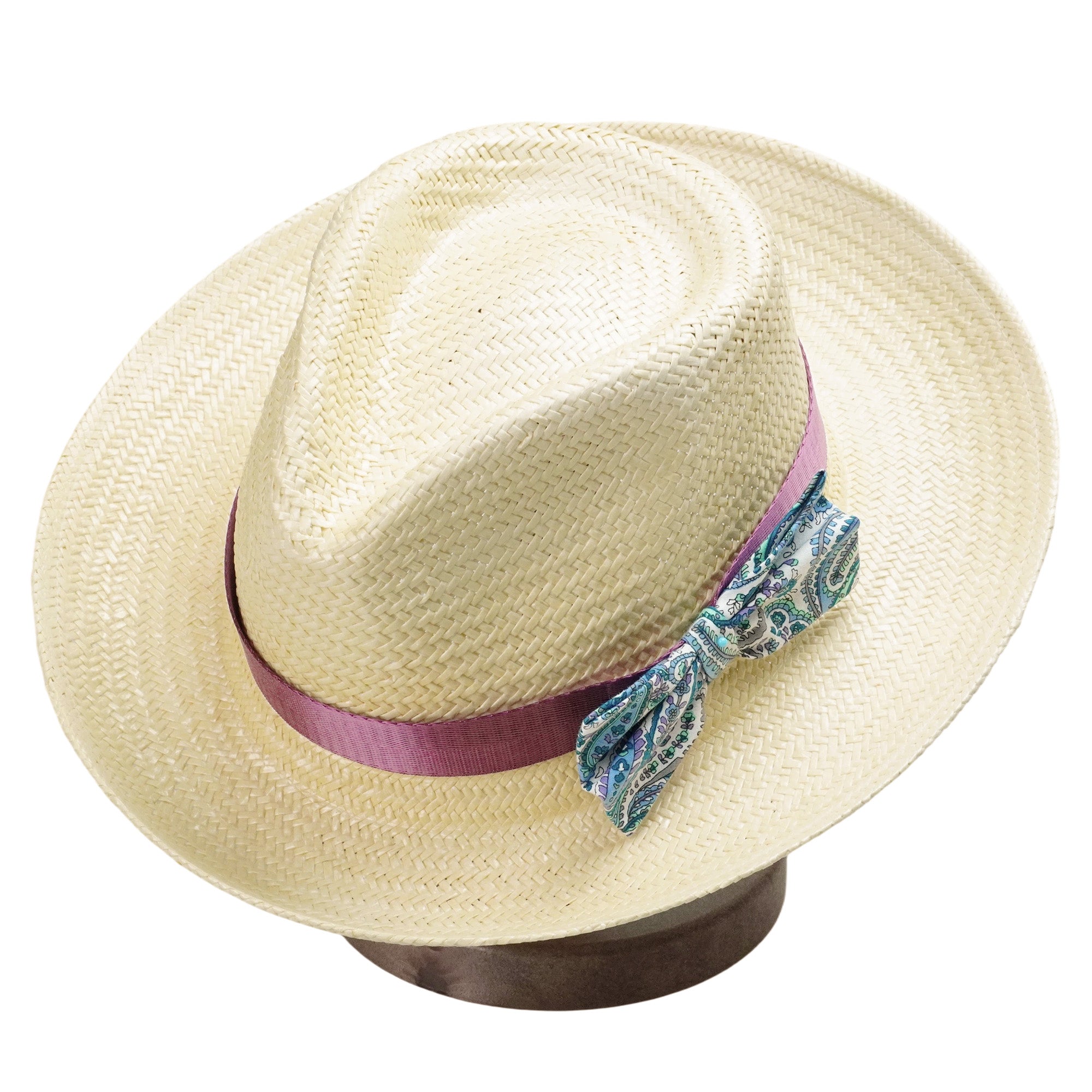 Beige Straw Hat with Purple Satin Bow Band