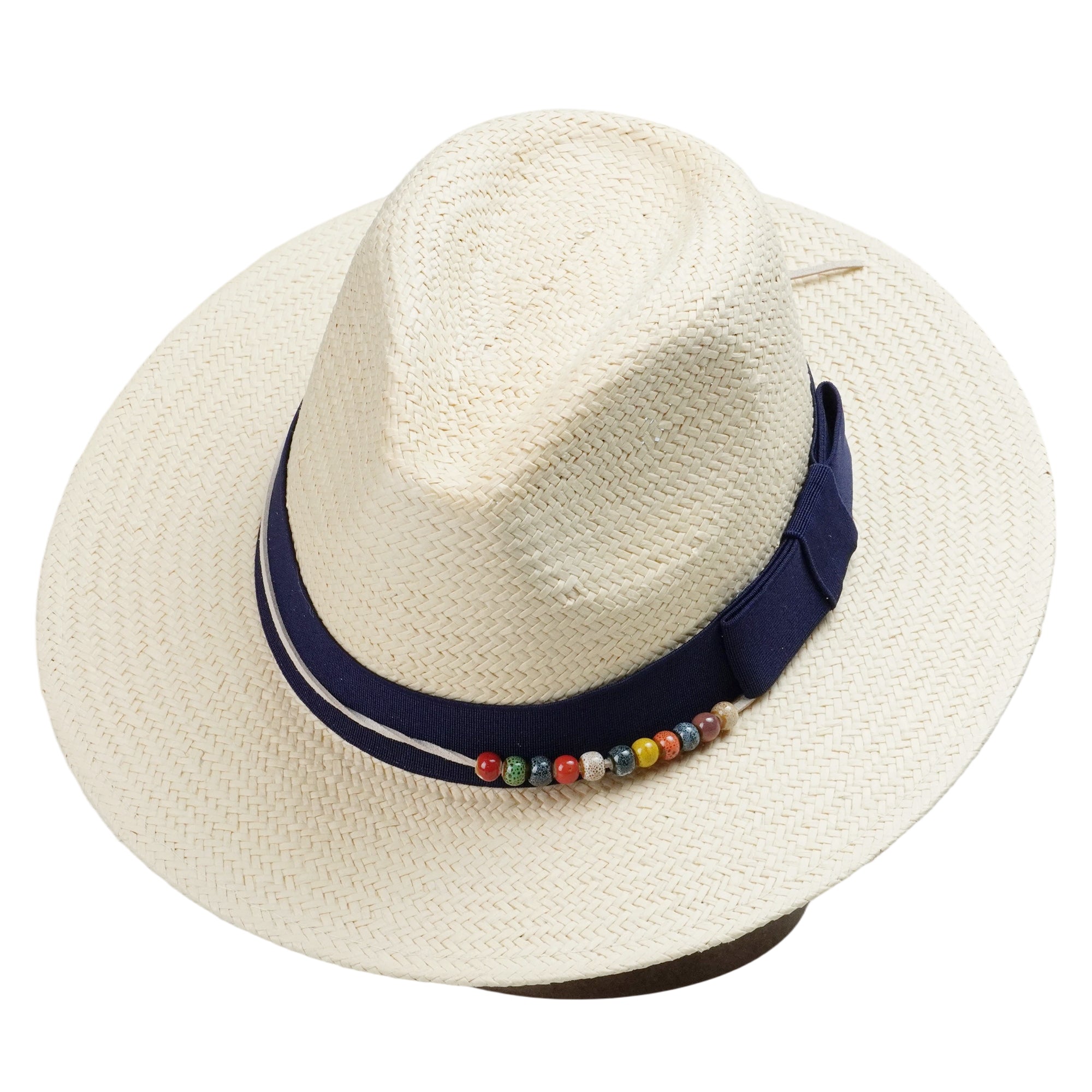 Beige Straw Hat with Dark Blue Wide Band & Colorful Beads