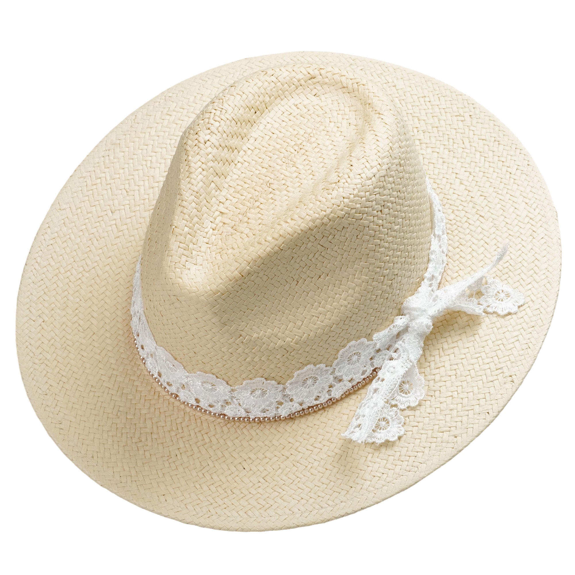 Beige Straw Hat with Custom Lace Band & Refined Beads
