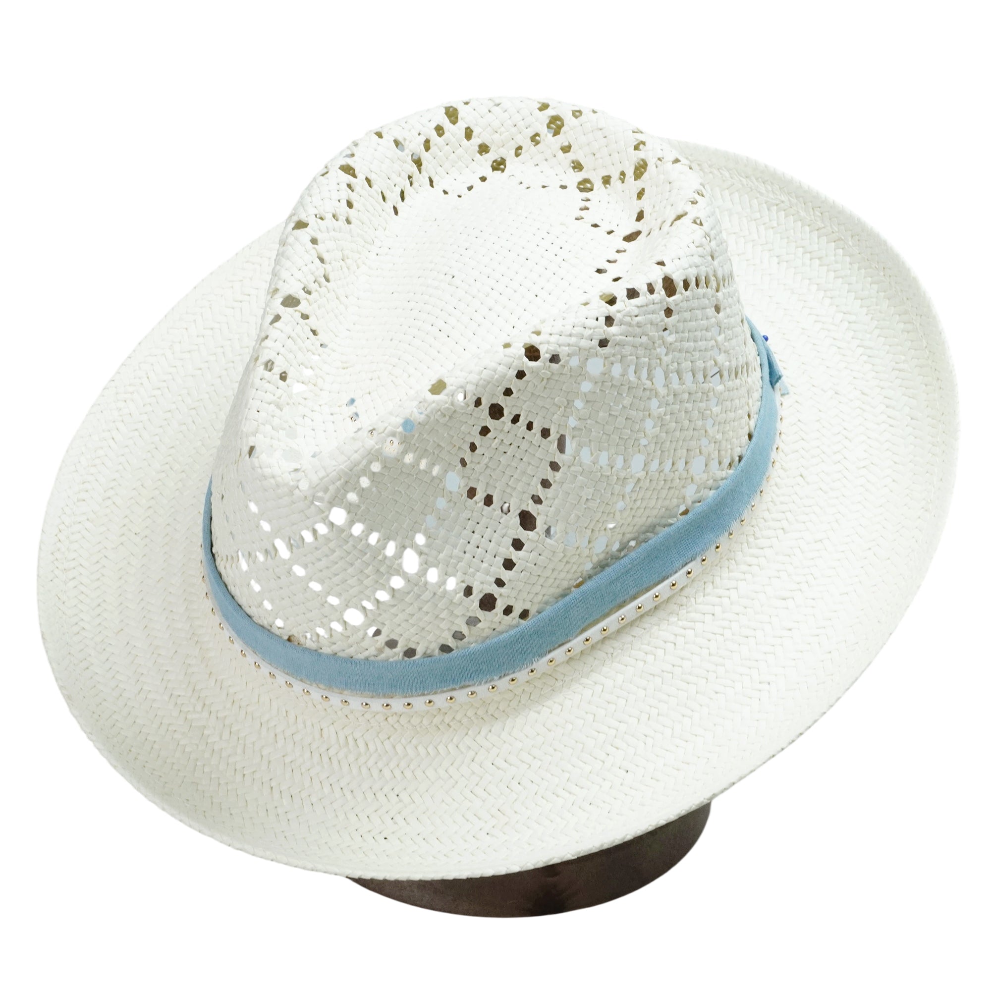 White Straw Hat with Cutout Crown & Light Blue Band