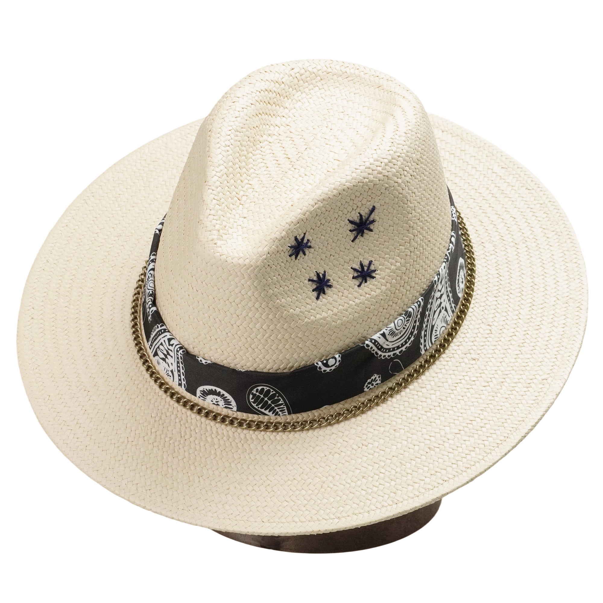 Beige Straw Hat - Classic Teardrop with Brass Chain Accent