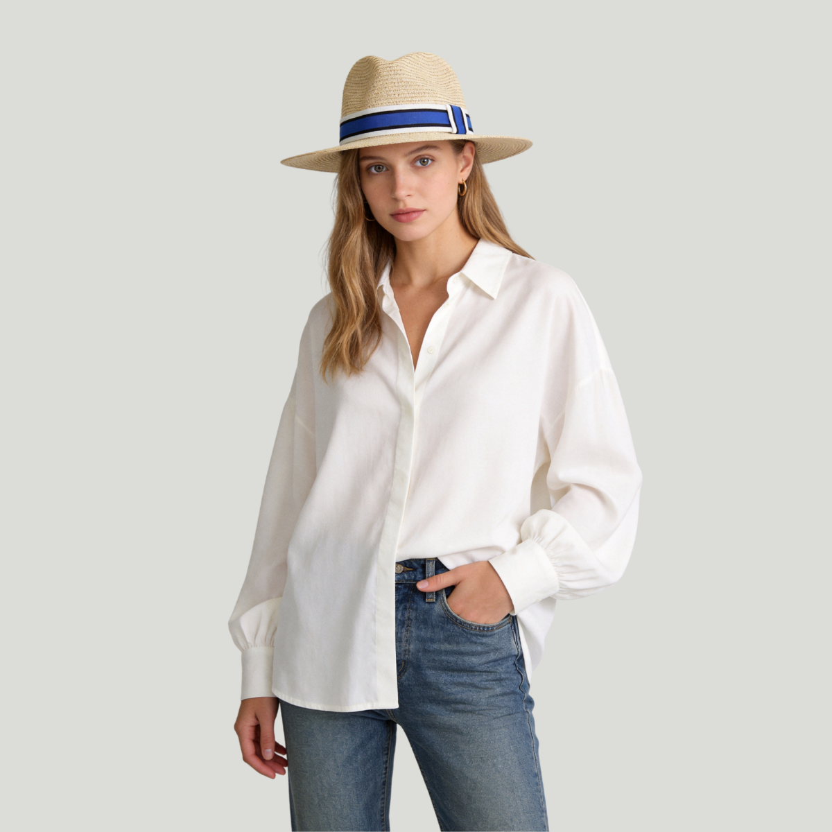 Striped Band Straw Wide Brim Hat