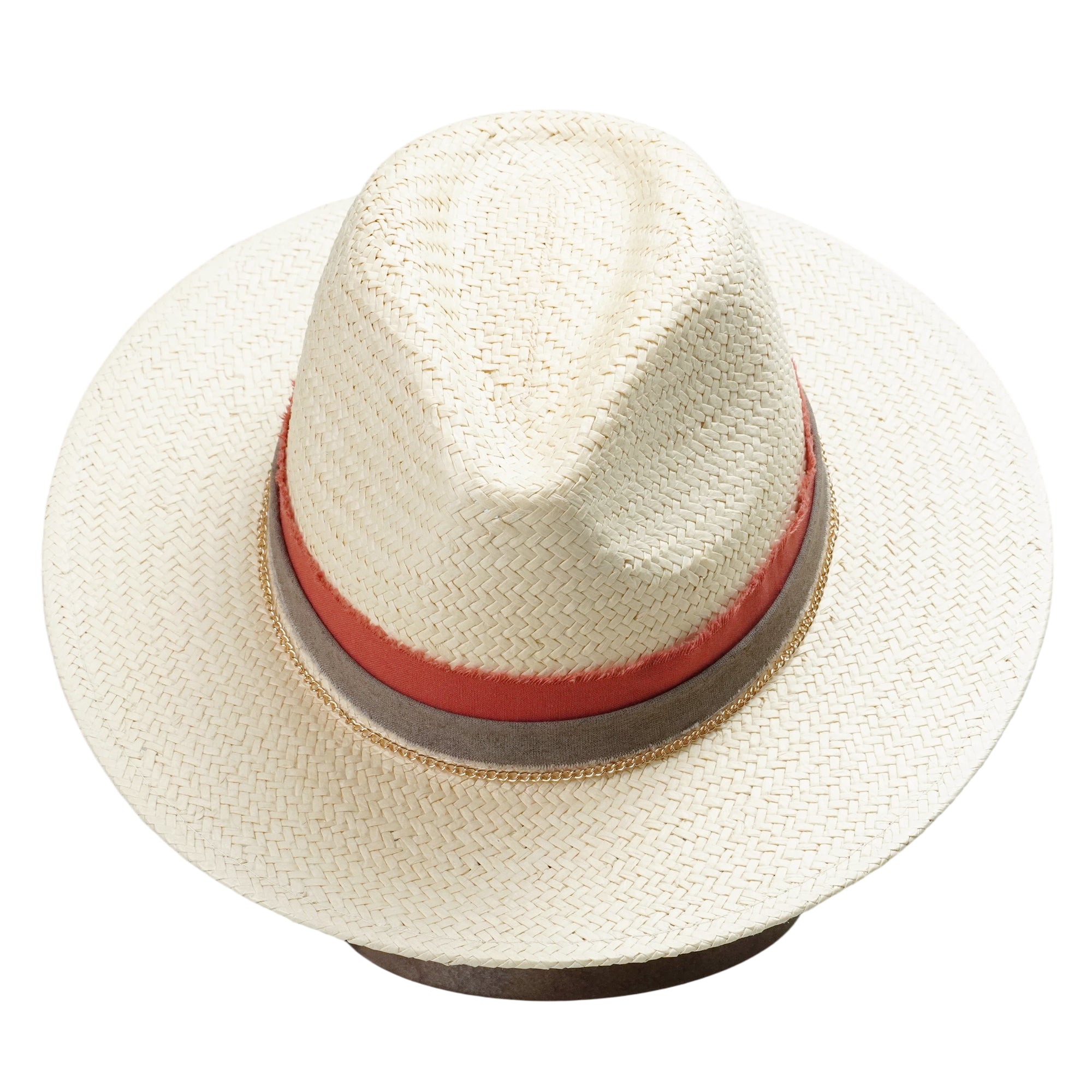 Beige Straw Hat - Flat Brim with Gold Metal Accent