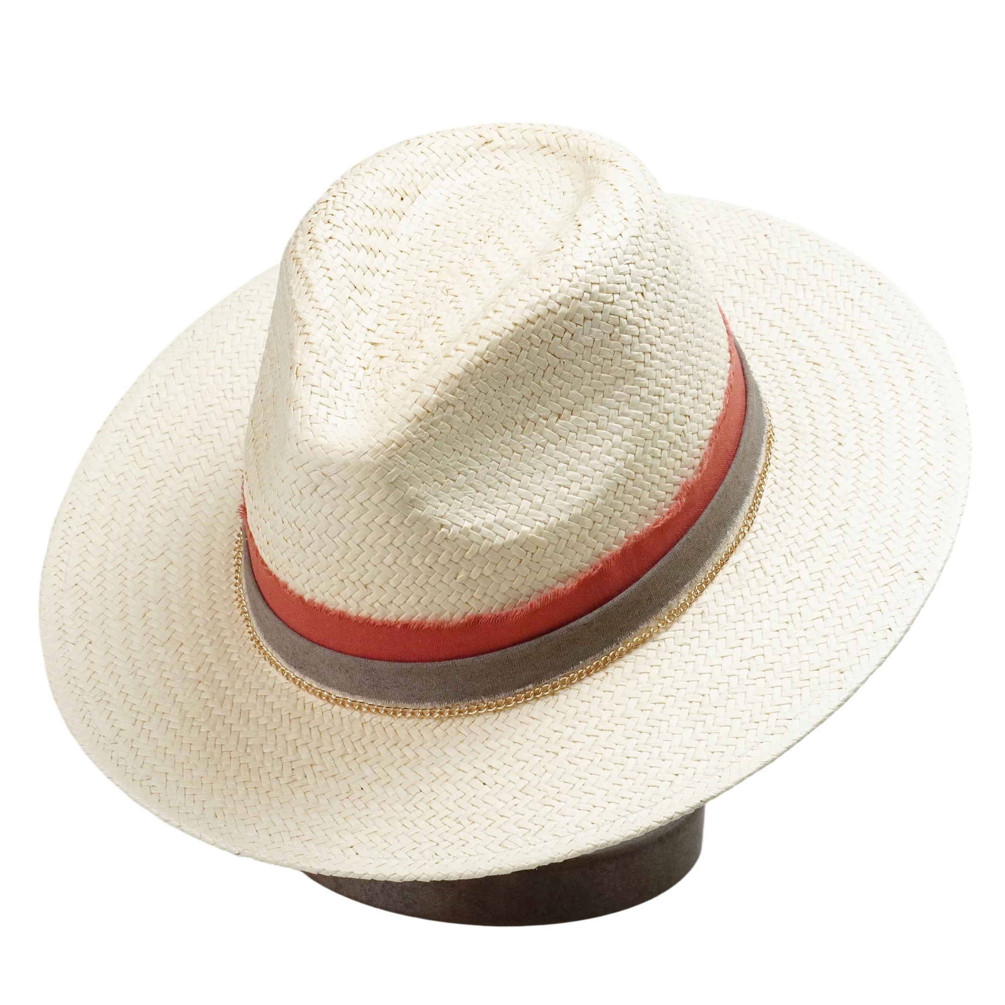 Beige Straw Hat - Flat Brim with Gold Metal Accent