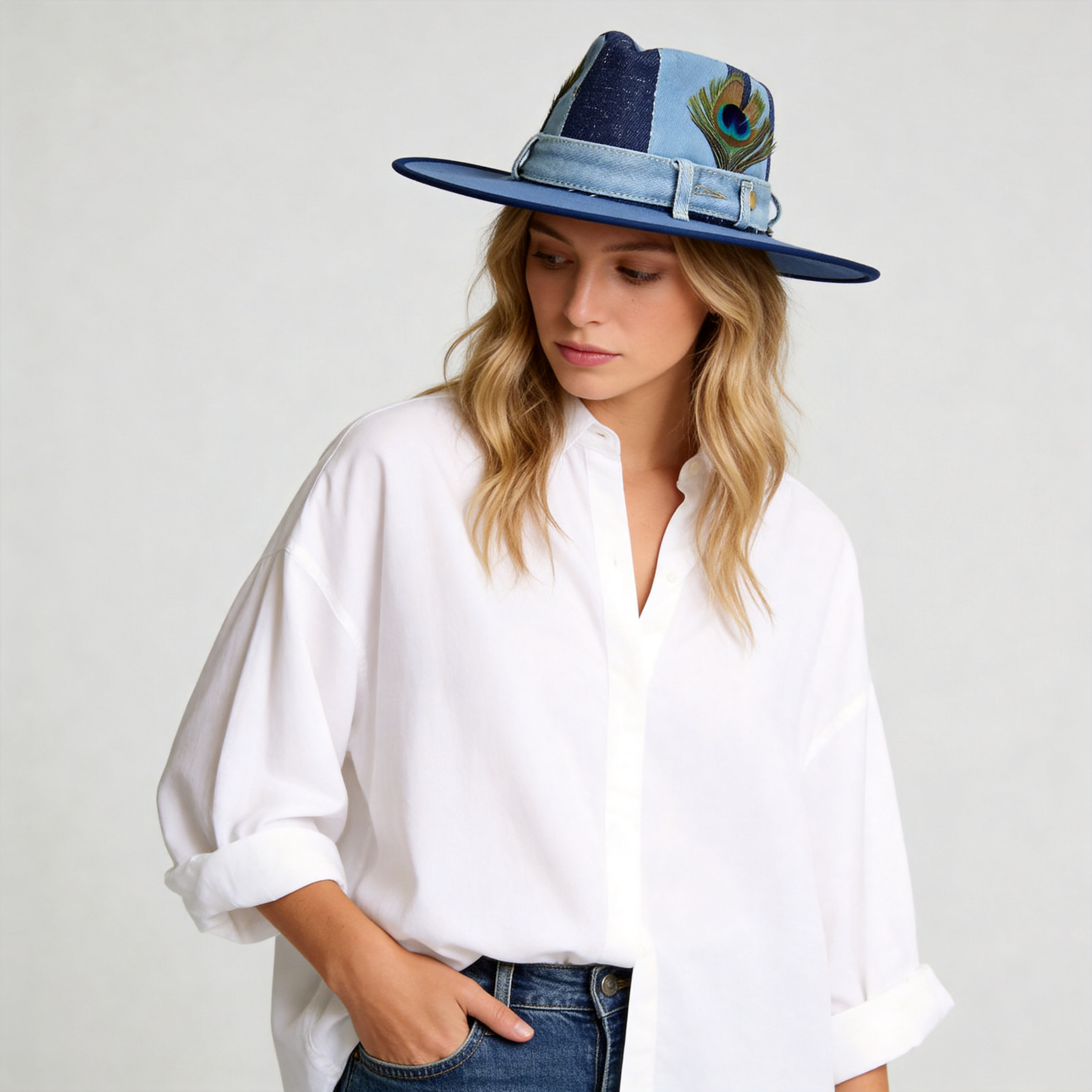 Patchwork Denim Wide-Brim Hat