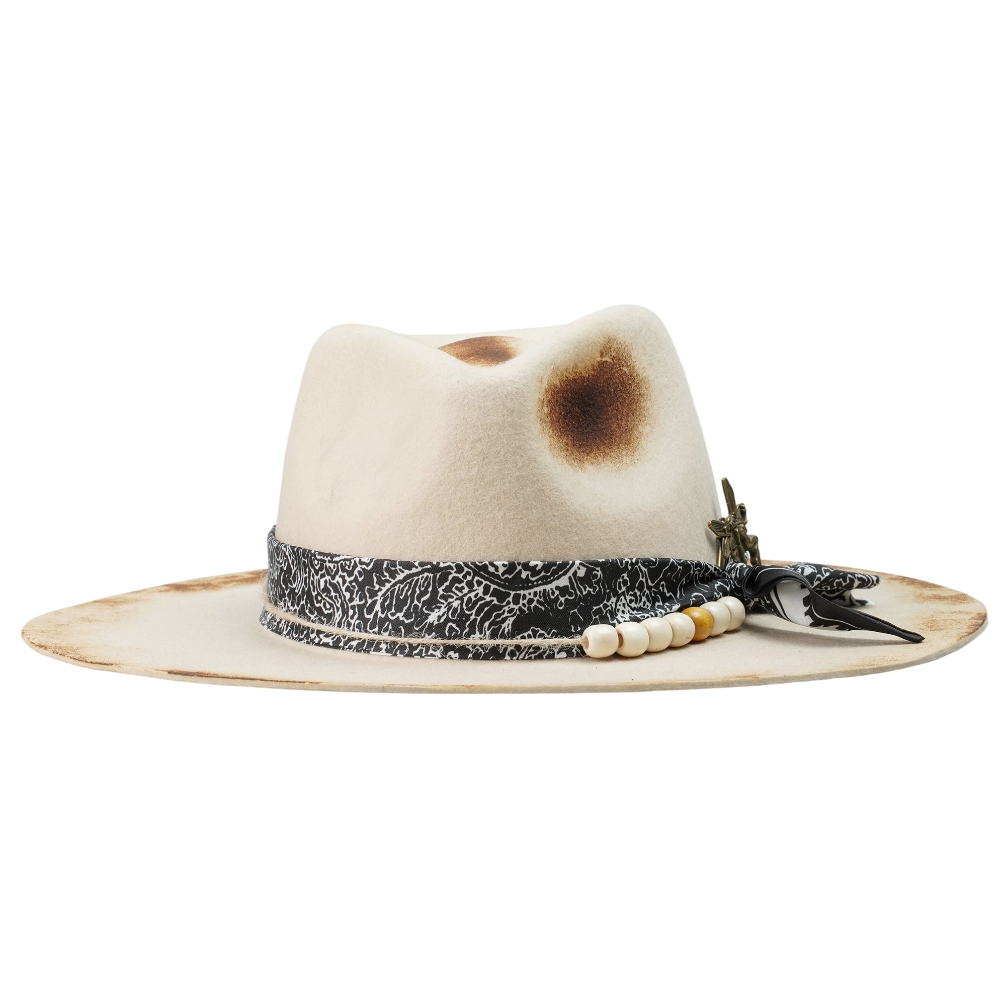 Straight-Brim Felt Hat – Beaded Band, Vintage Metal Pin