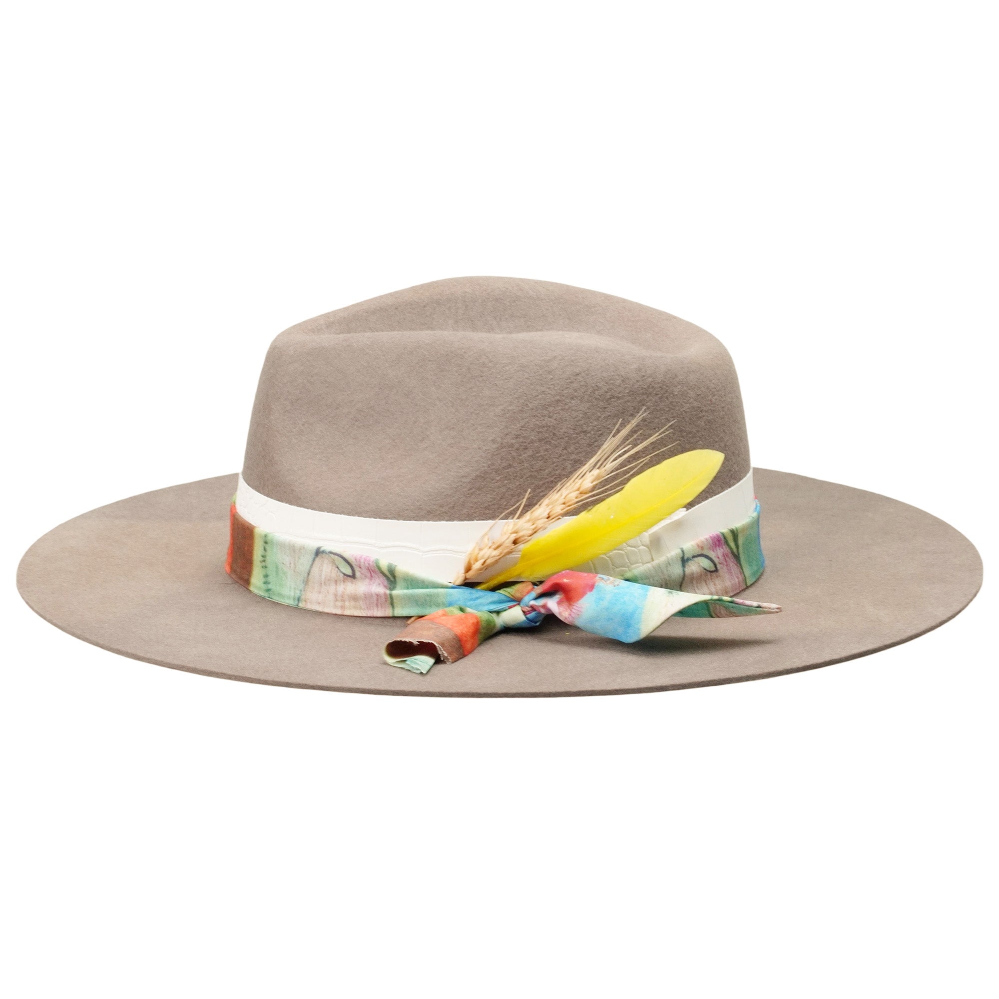 Camel Felt Hat - Custom Fabric with Wheat & Feathers