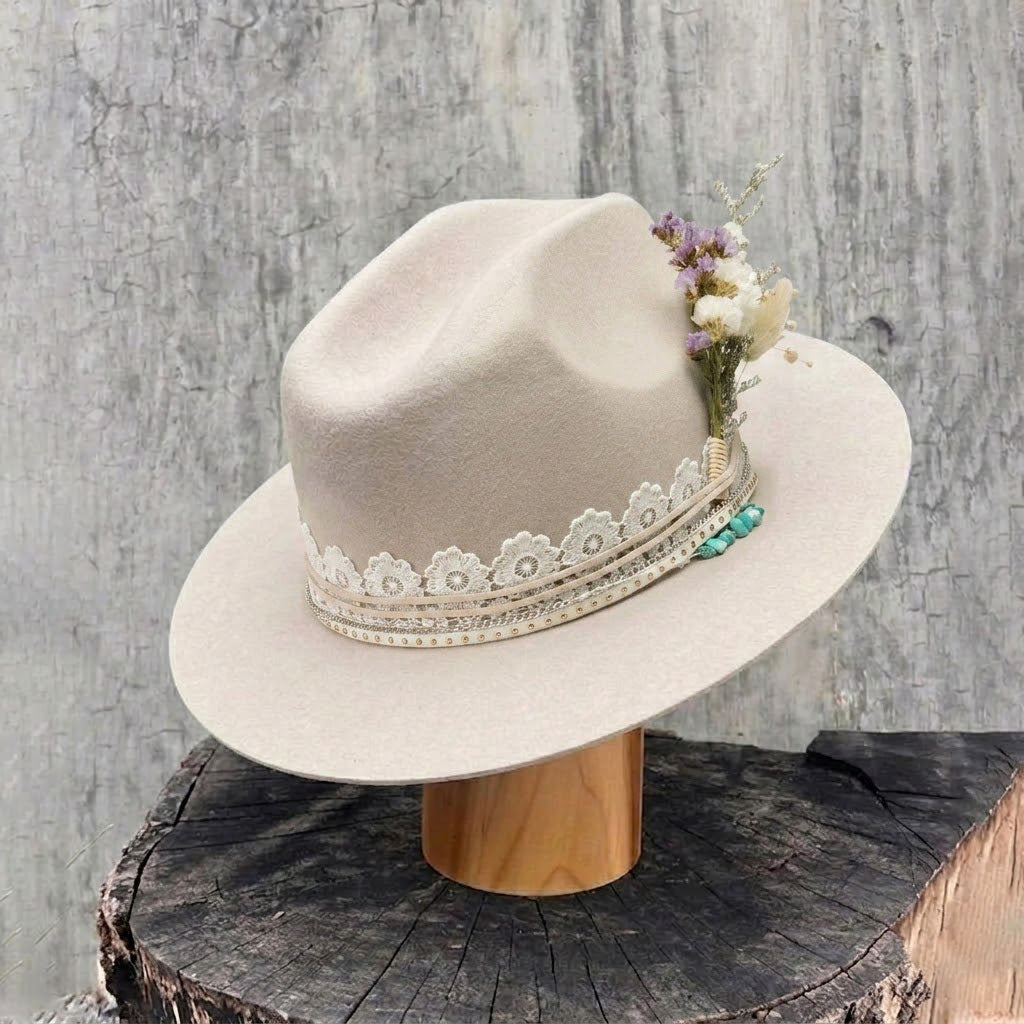Cream Felt Hat - Turquoise & Lace Western Style