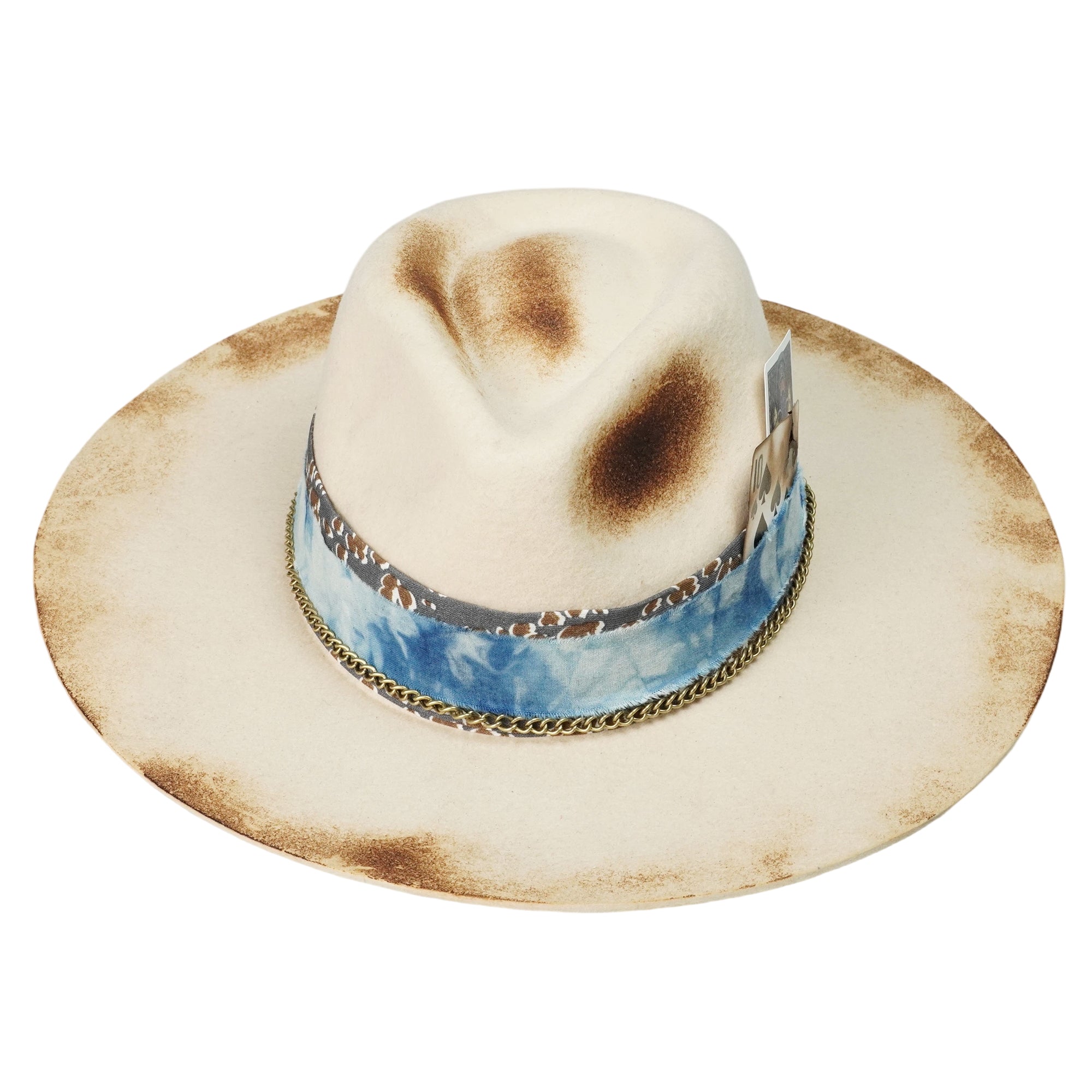 Hand-Burned Edgy Felt Hat – Metal Chain, Fire-Marked Brim