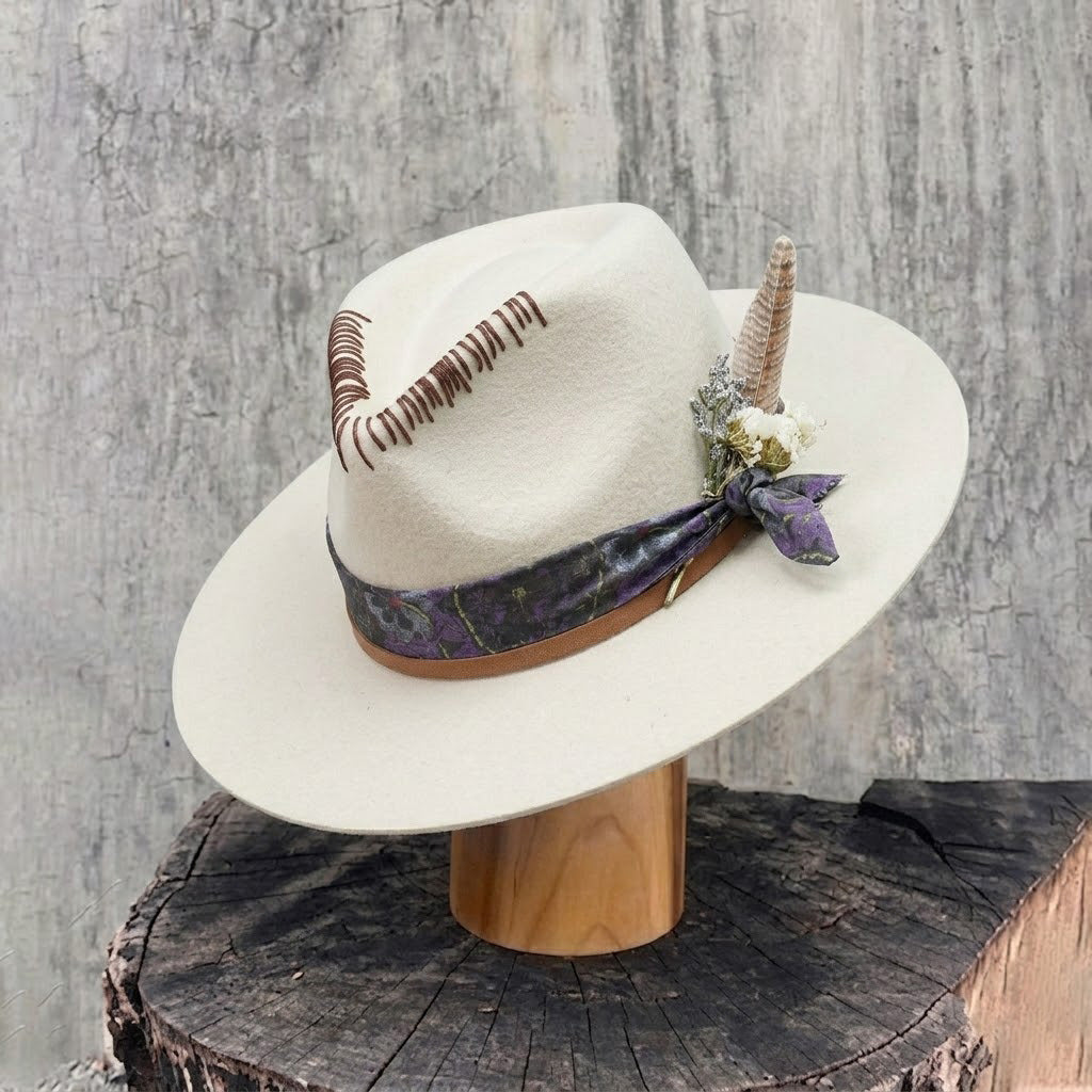 Teardrop Fedora - Off-White with Feather & Brown Cord Detail