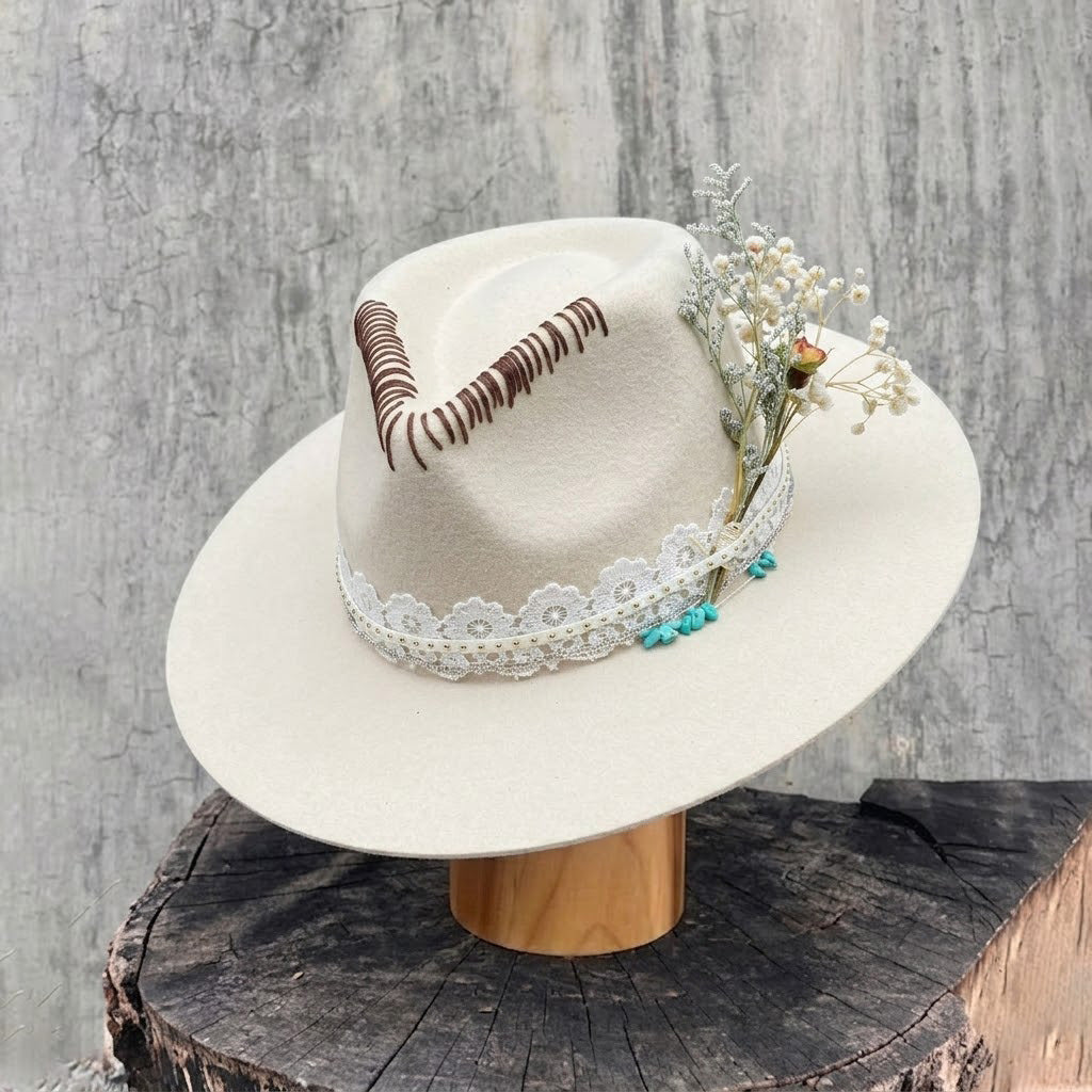 Cream Felt Fedora with Lace Band & Turquoise Beads