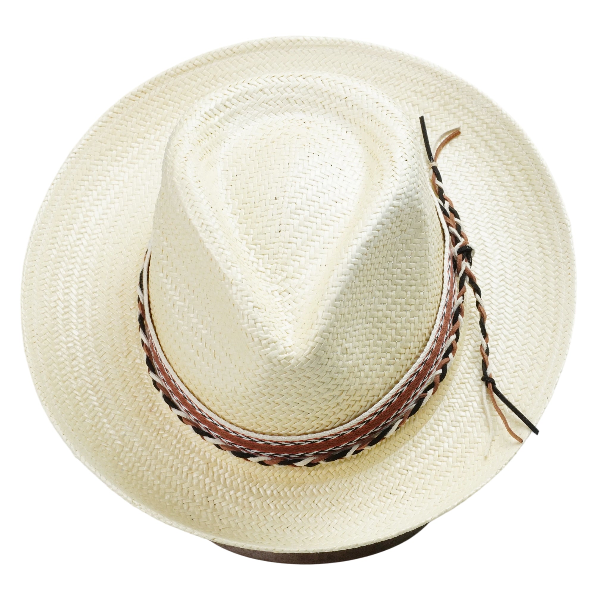 Off-White Straw Hat with Woven Print Band & Three-Color Braid