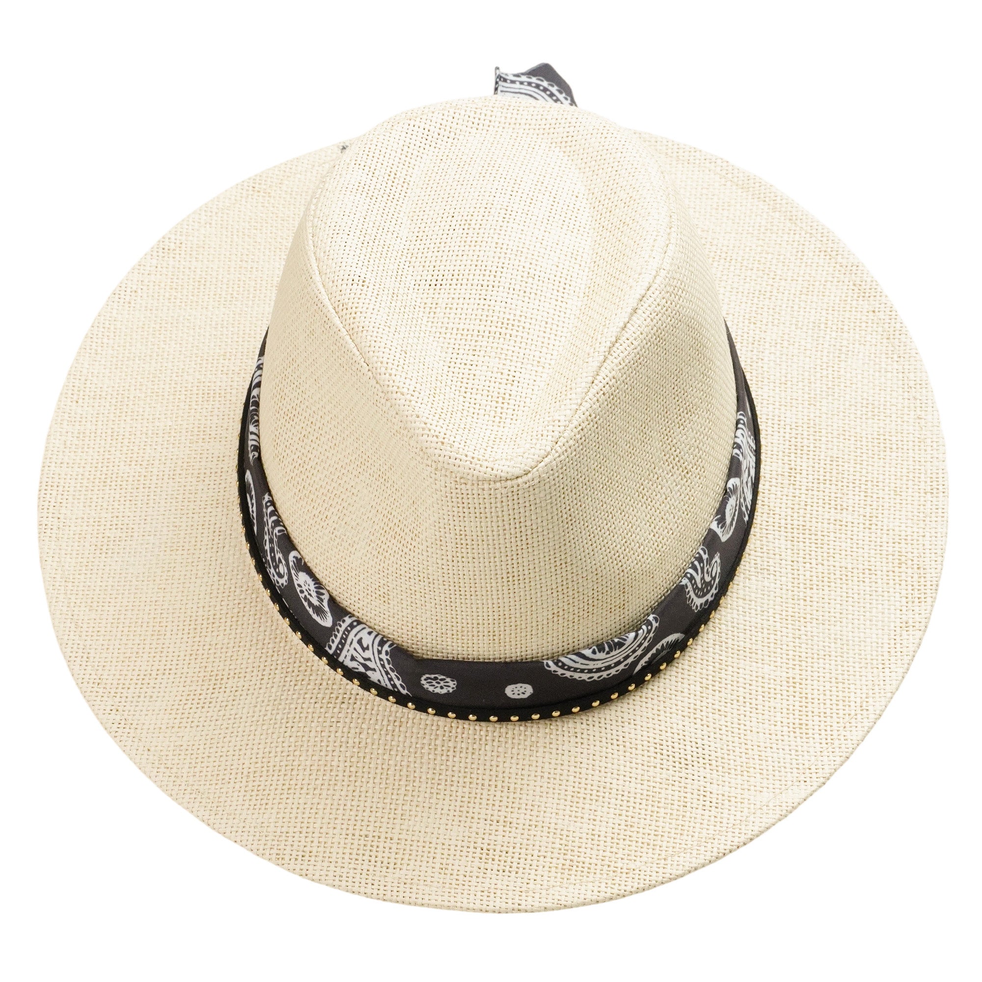 Off-White Straw Hat with Black & White Pattern Band