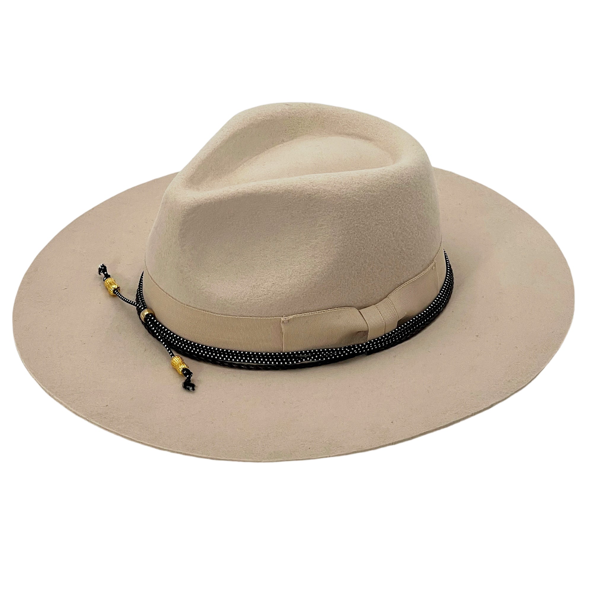 Beige Flat-Brim Hat – Custom Band & Metal Bead