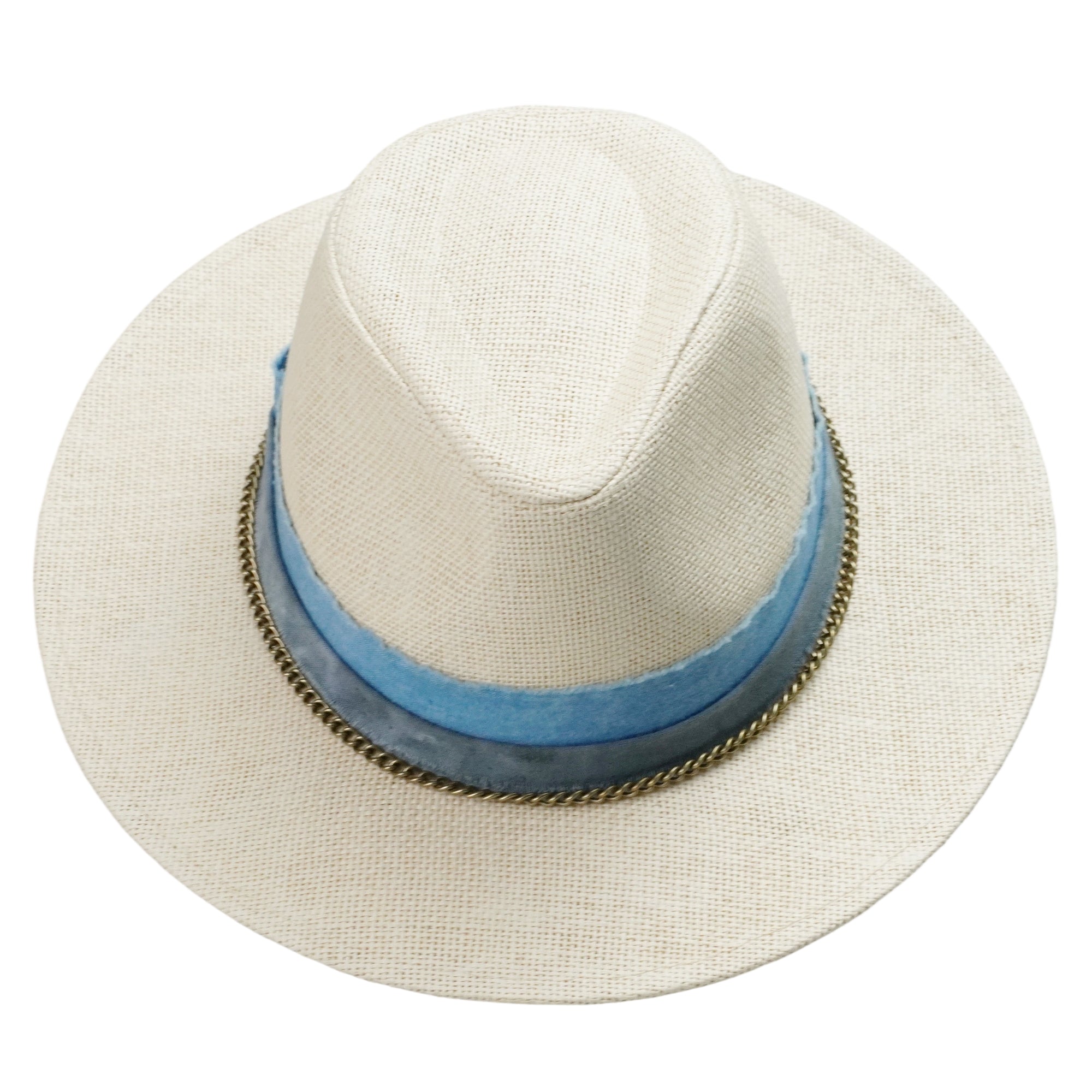 Off-White Straw Hat with Blue Band & Copper Chain