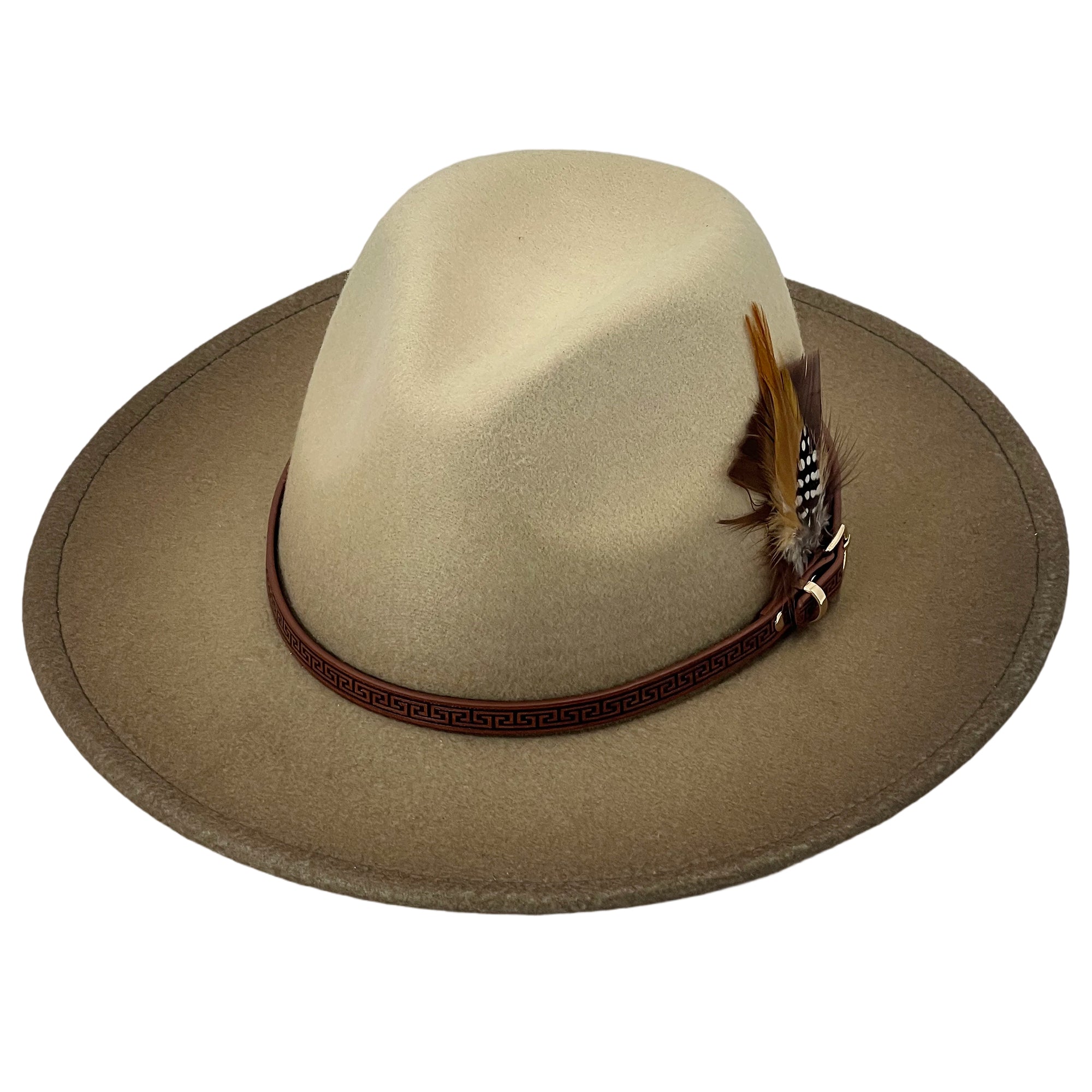 Ombre Beige Flat-Brim – Custom Leather Band & Feather