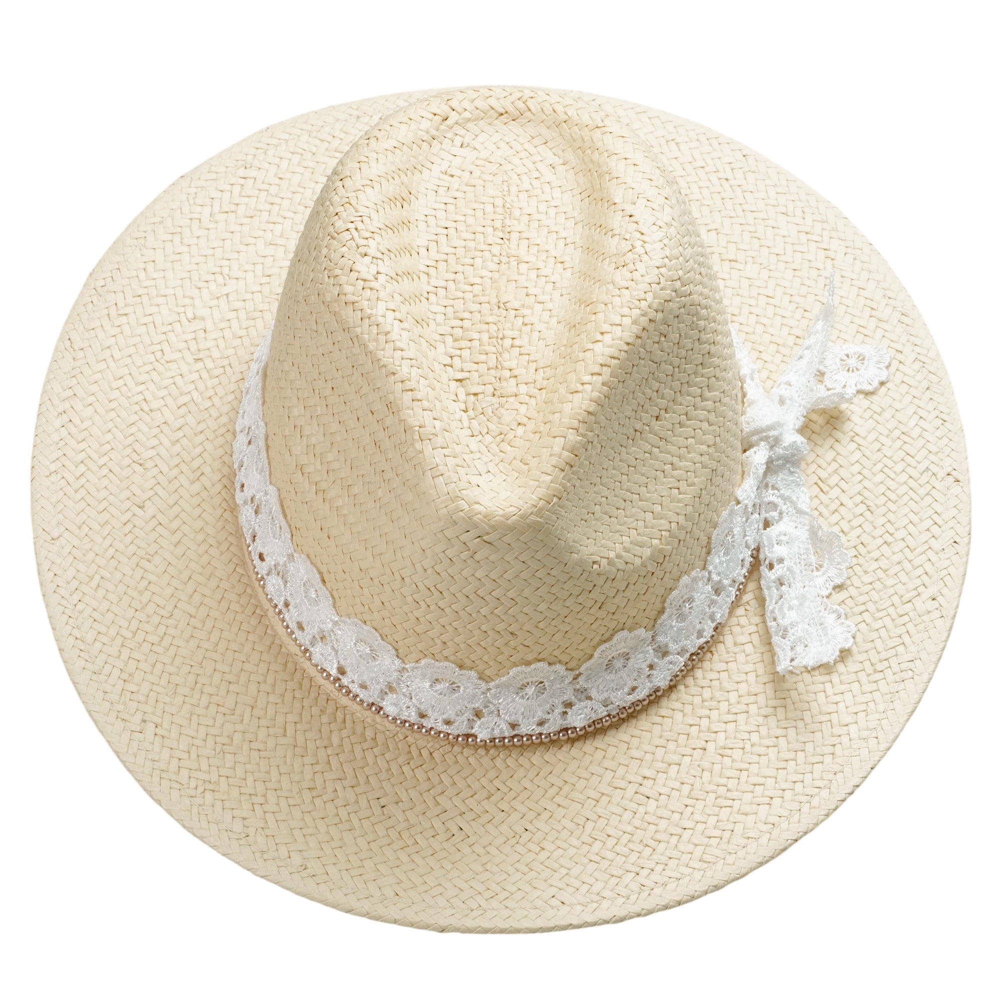 Beige Straw Hat with Custom Lace Band & Refined Beads