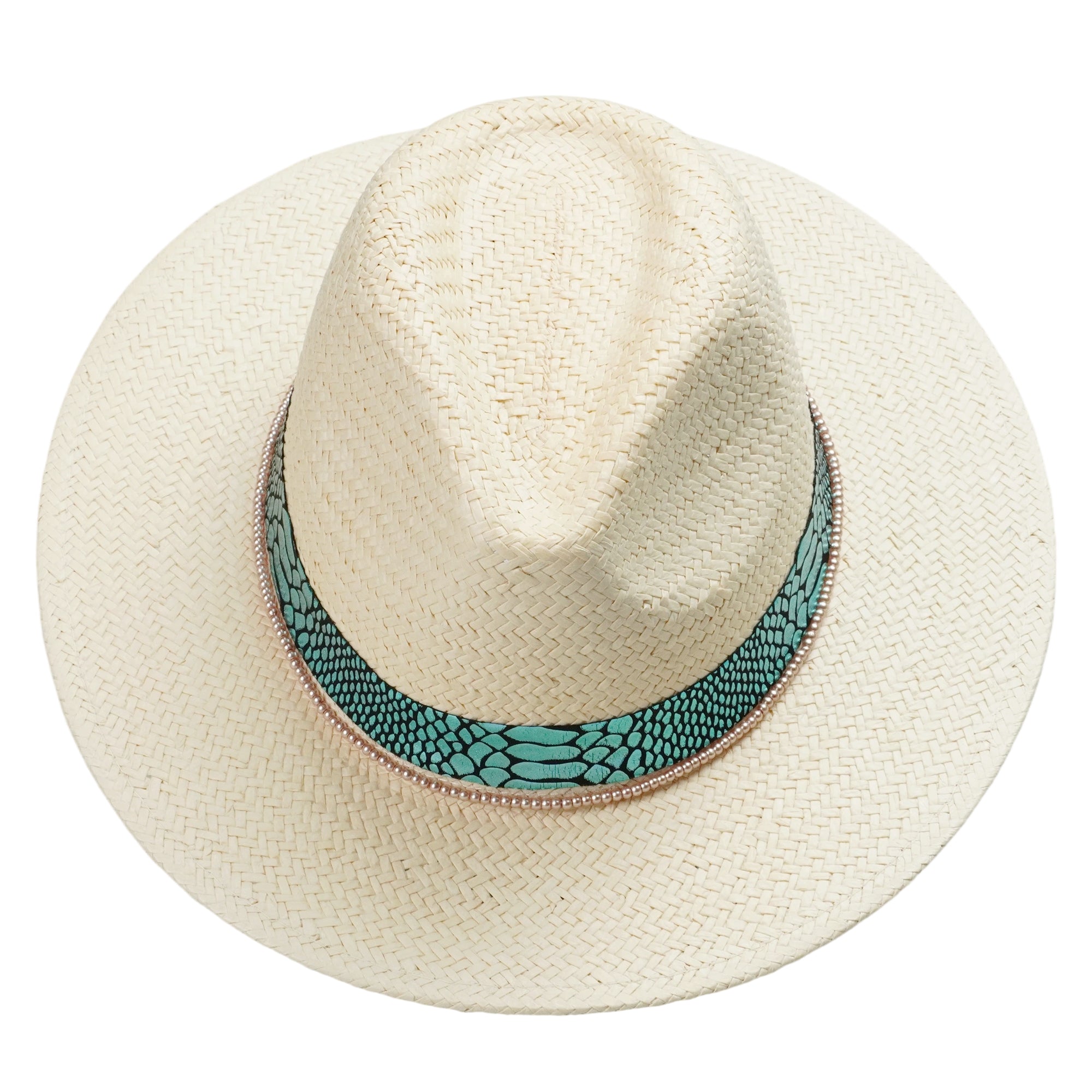 Beige Straw Hat with Champagne Beads & Luxe Fabric Band