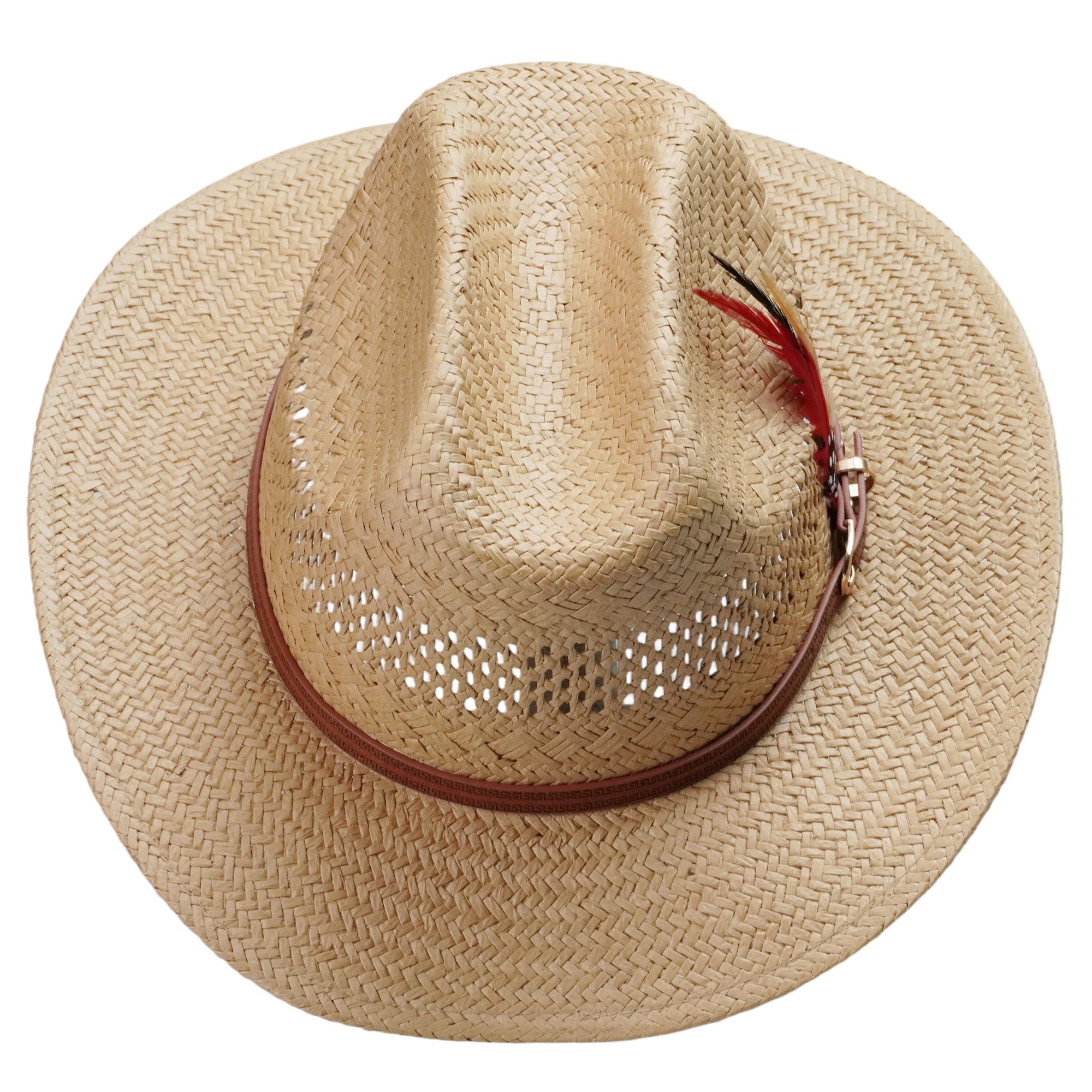 Light Brown Straw Hat with Printed Leather Band & Feather