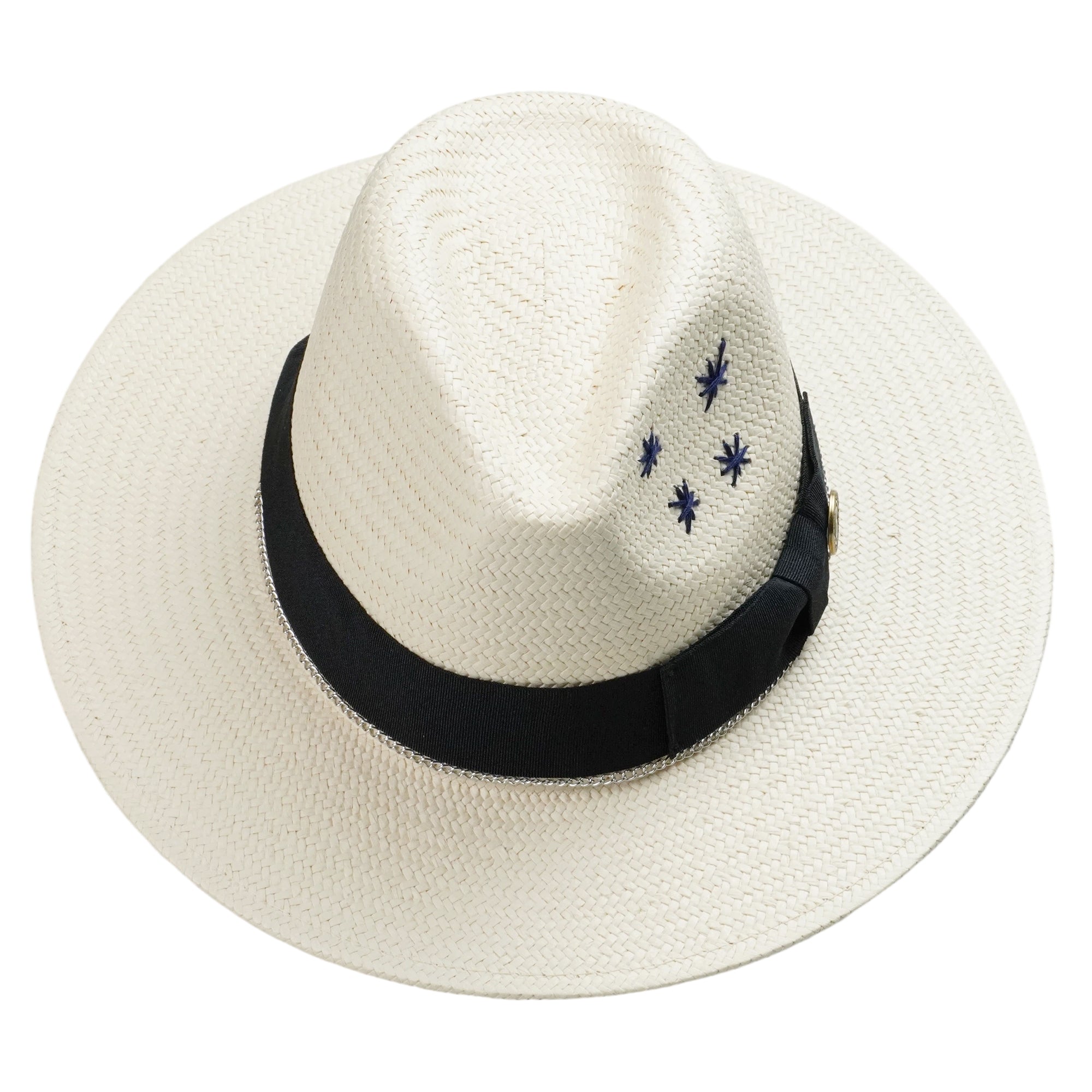 Off-White Straw Hat with Silver Chain & Star Stitching