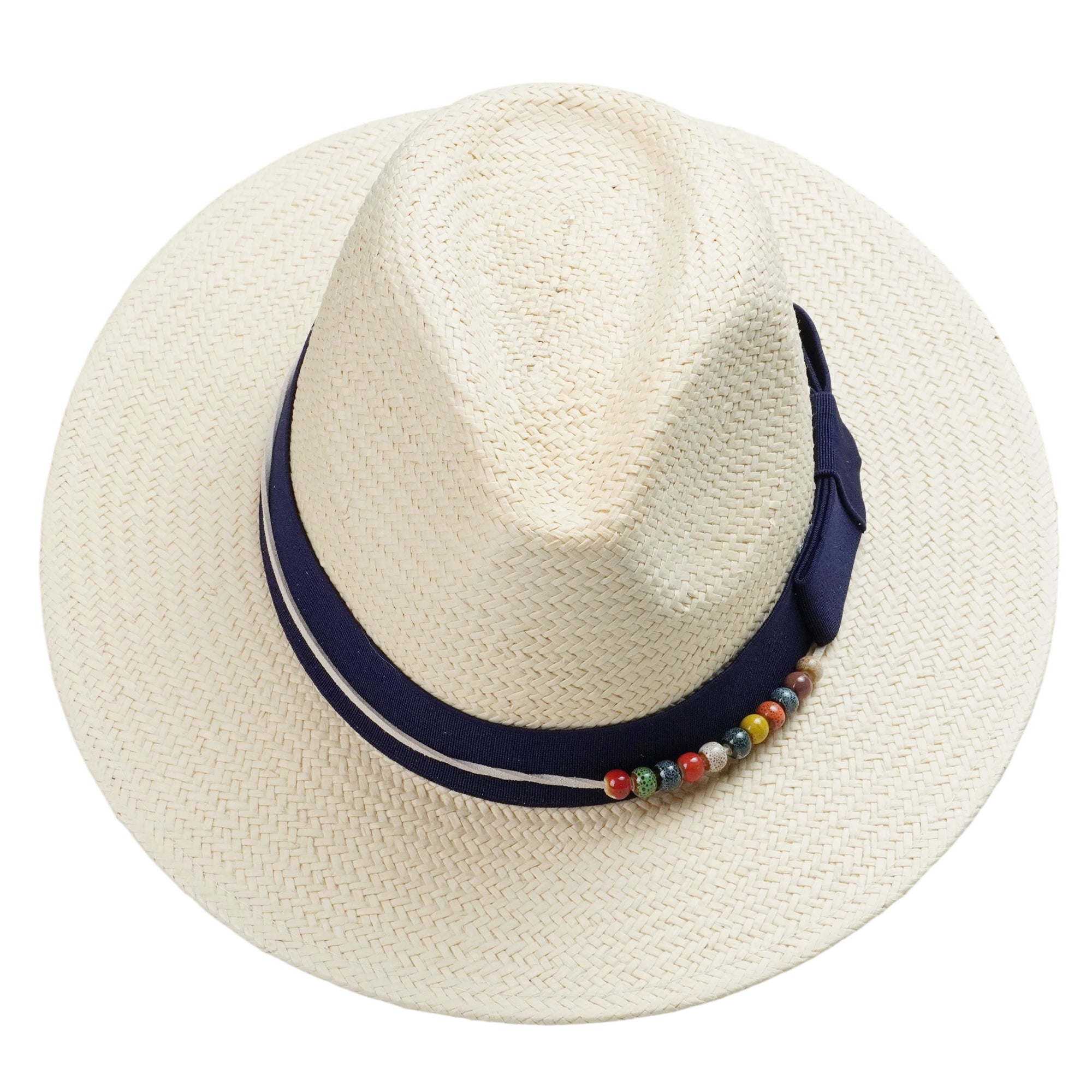 Beige Straw Hat with Dark Blue Wide Band & Colorful Beads