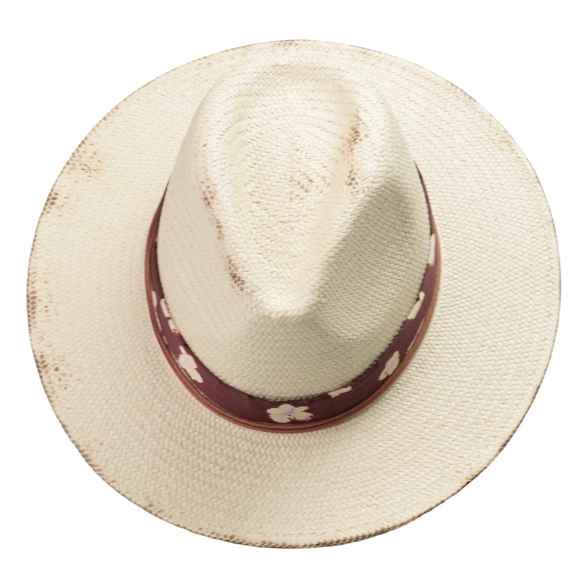 Beige Straw Hat with Floral Band & Burnt Edge Design