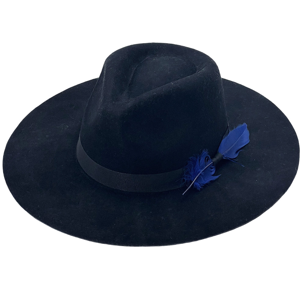 Midnight Black Flat-Brim – Blue Feather Accent