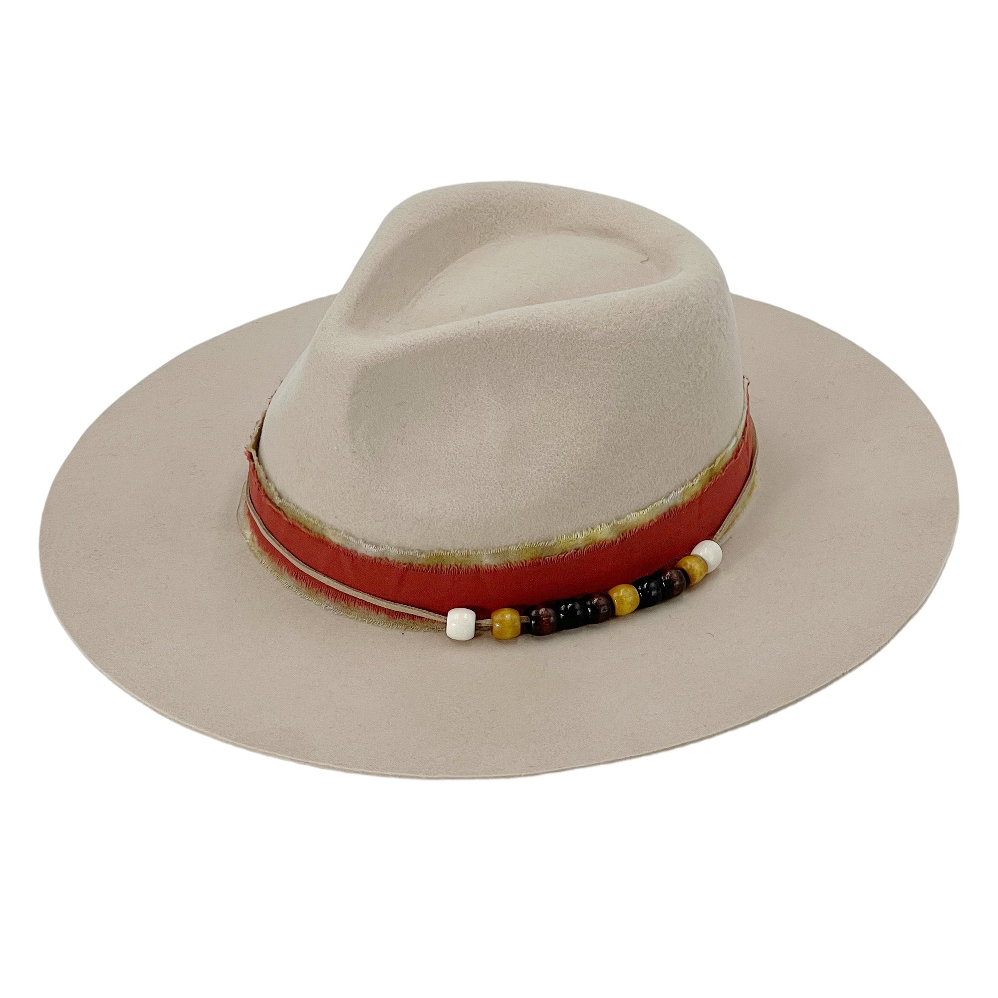 Beige Wide-Brim Felt Hat – Beaded Band