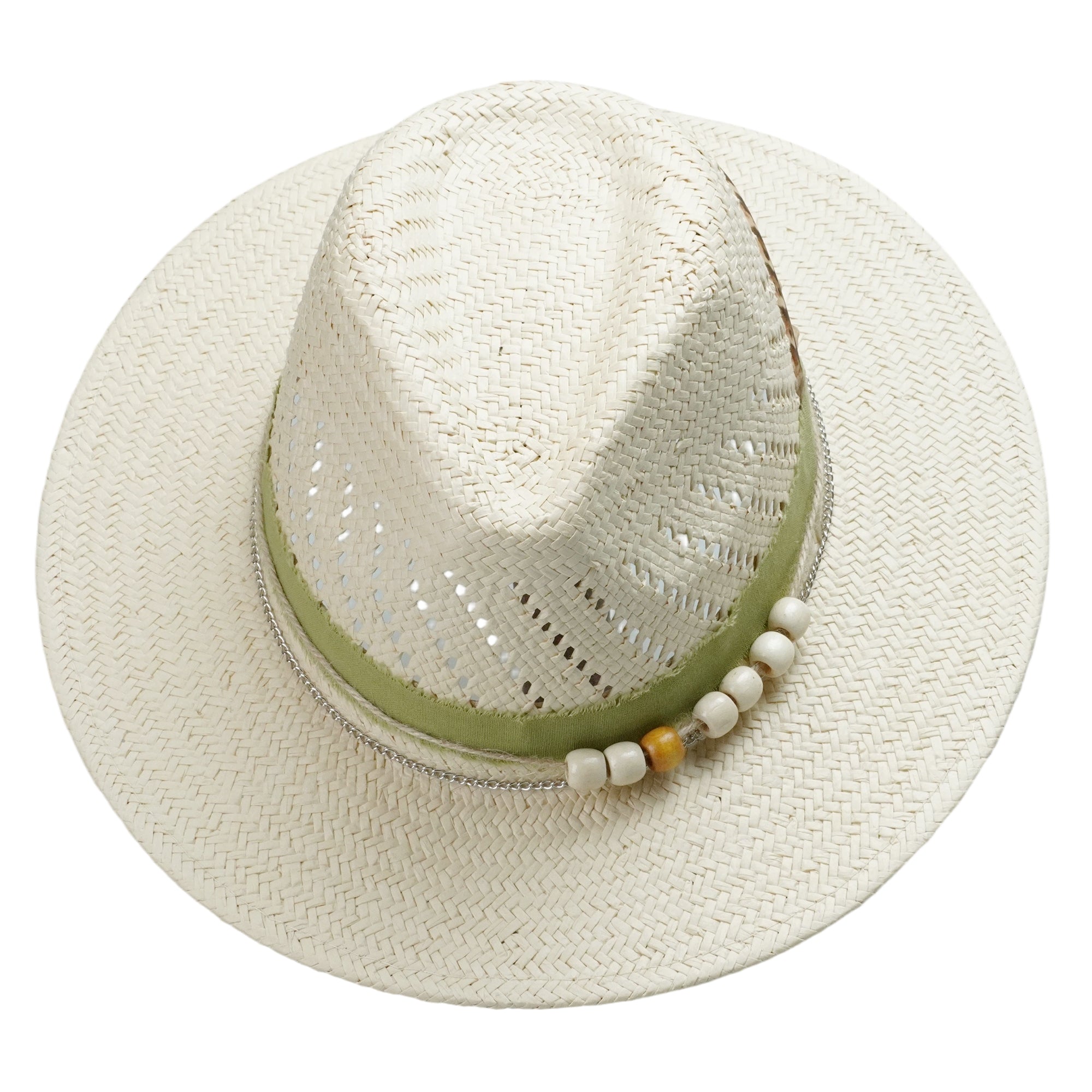 Off-White Straw Hat with Green Fabric Band & Silver Chain