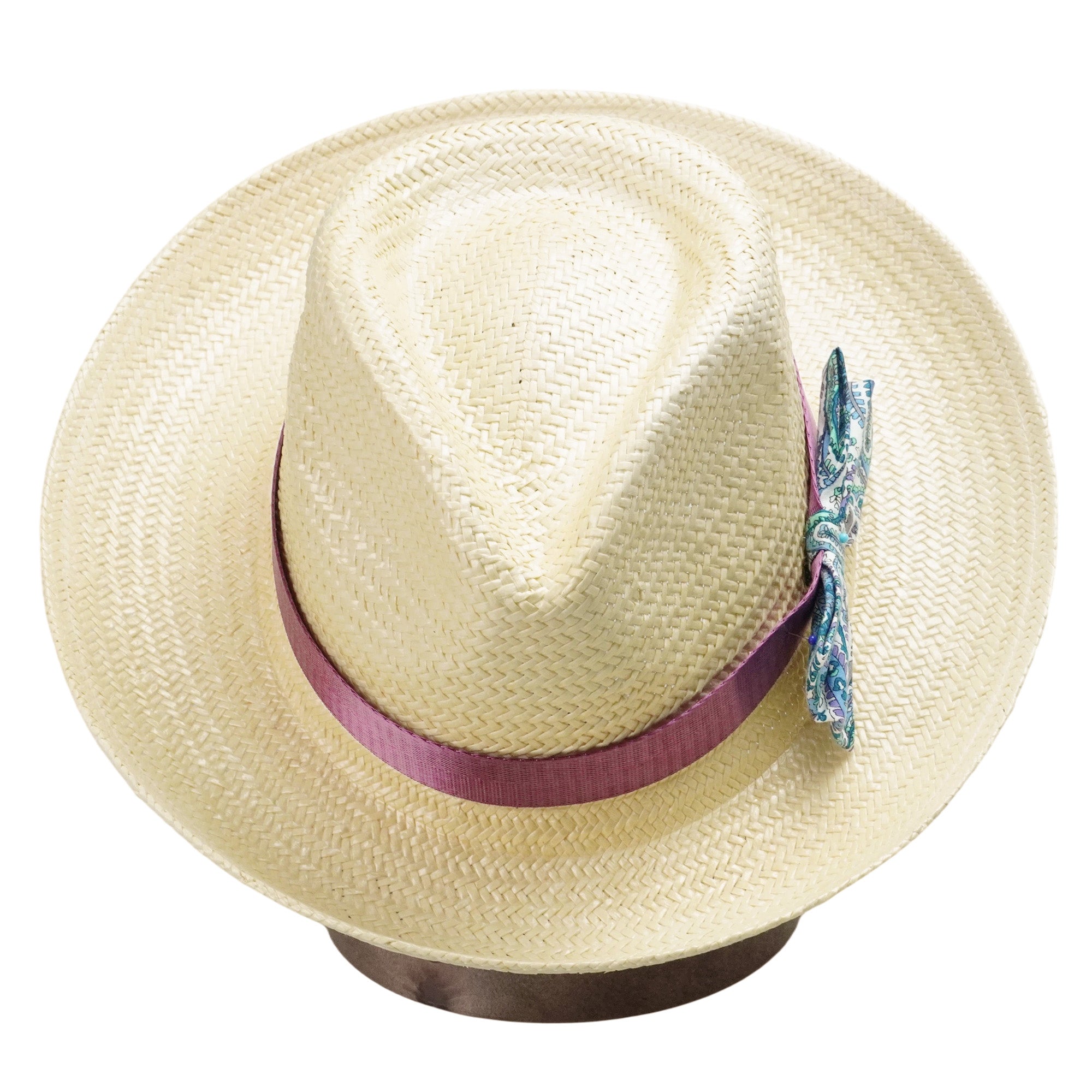 Beige Straw Hat with Purple Satin Bow Band