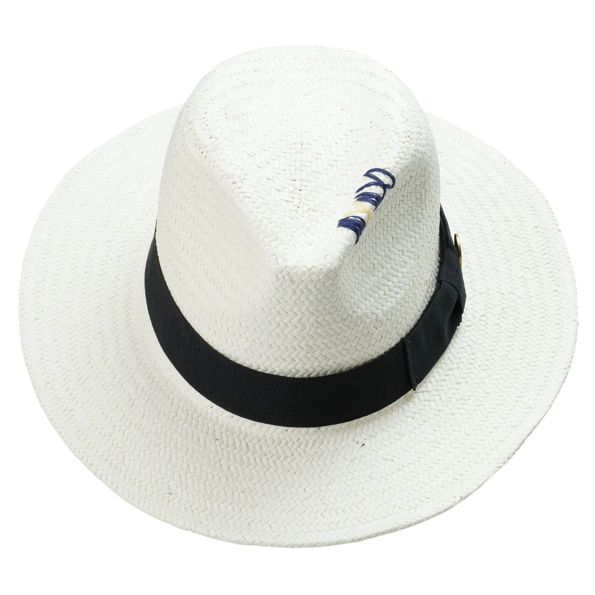 White Straw Hat with Copper Buckle & Stitched Crown
