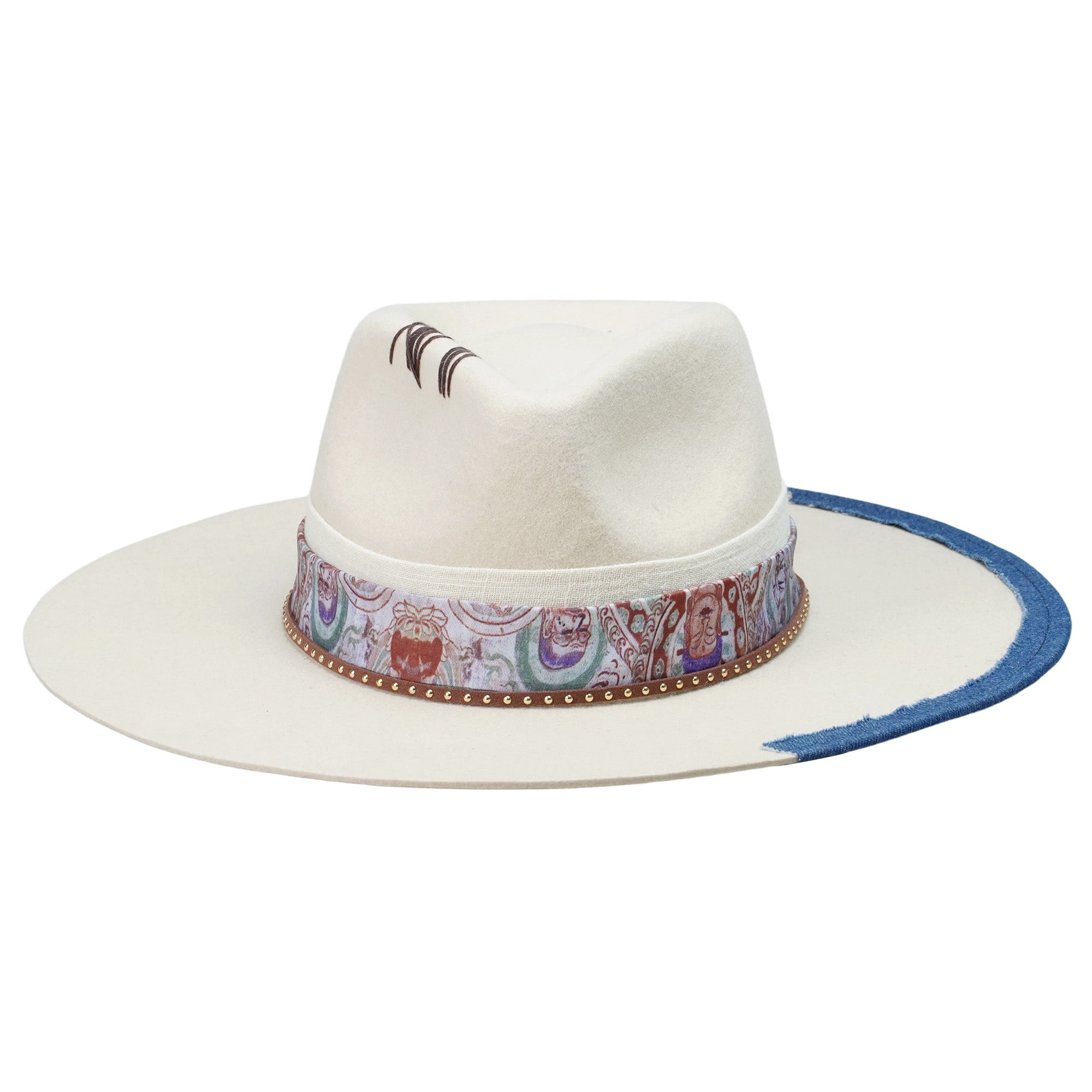 Women Off-White Felt Hat - Custom Patterned Fabric Strap
