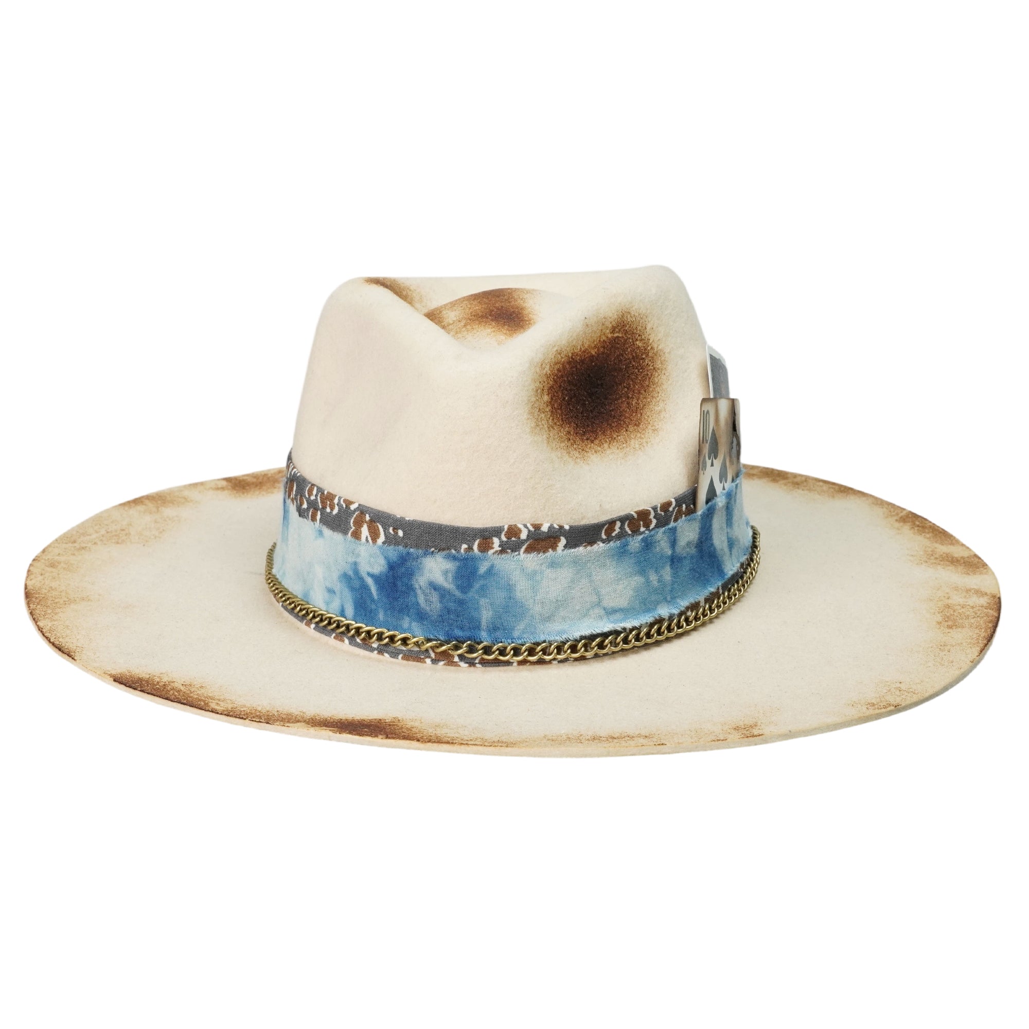 Hand-Burned Edgy Felt Hat – Metal Chain, Fire-Marked Brim