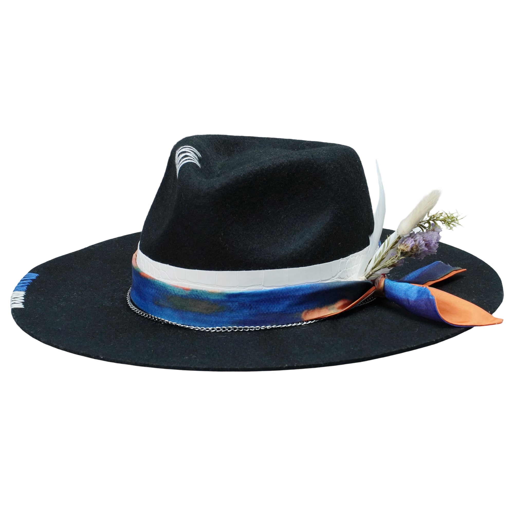 Black Felt Hat - Stitched Detail with Art Fabric Strap