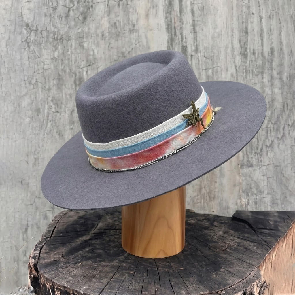 Gray Flat Brim Felt Hat with Vintage Bronze Pin