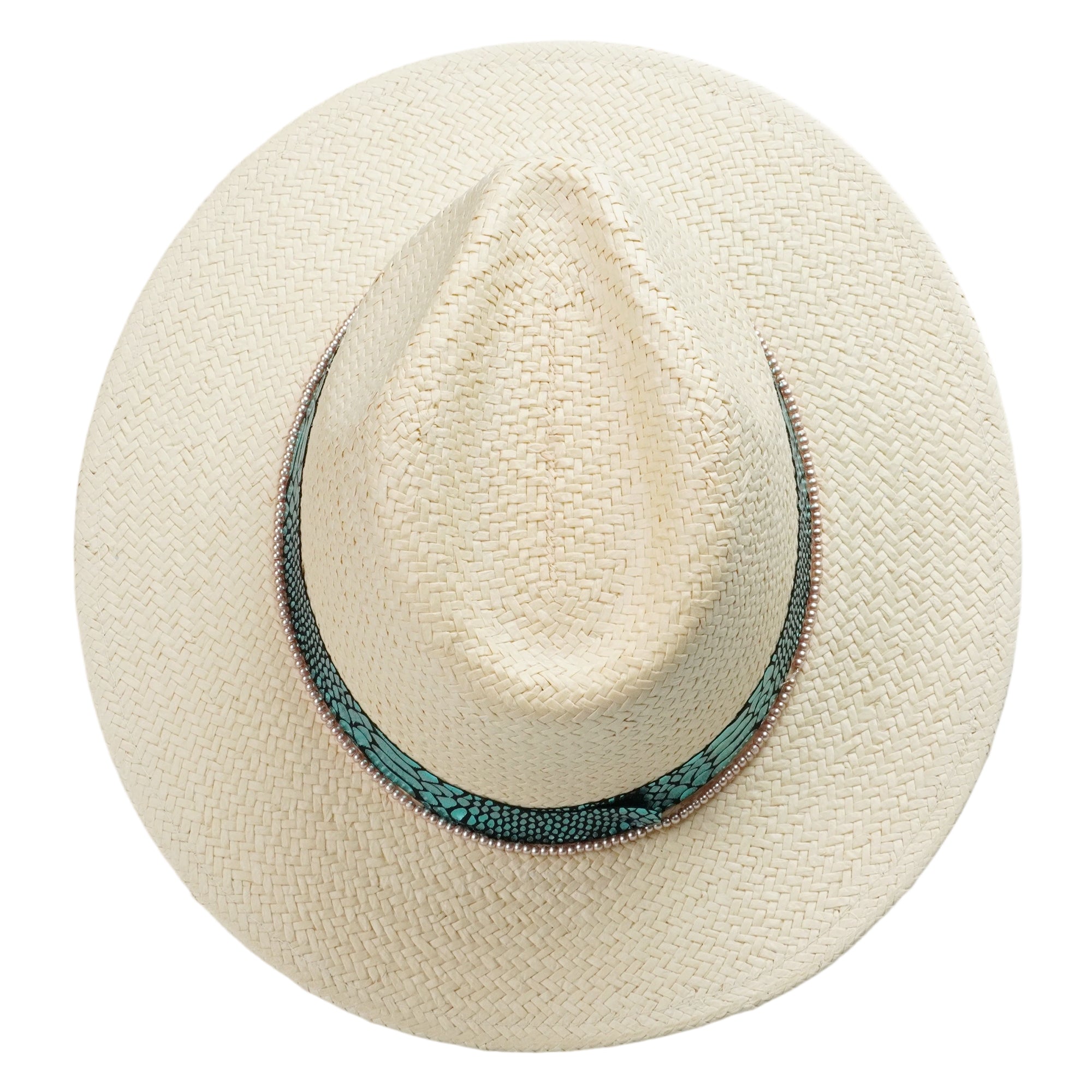Beige Straw Hat with Champagne Beads & Luxe Fabric Band