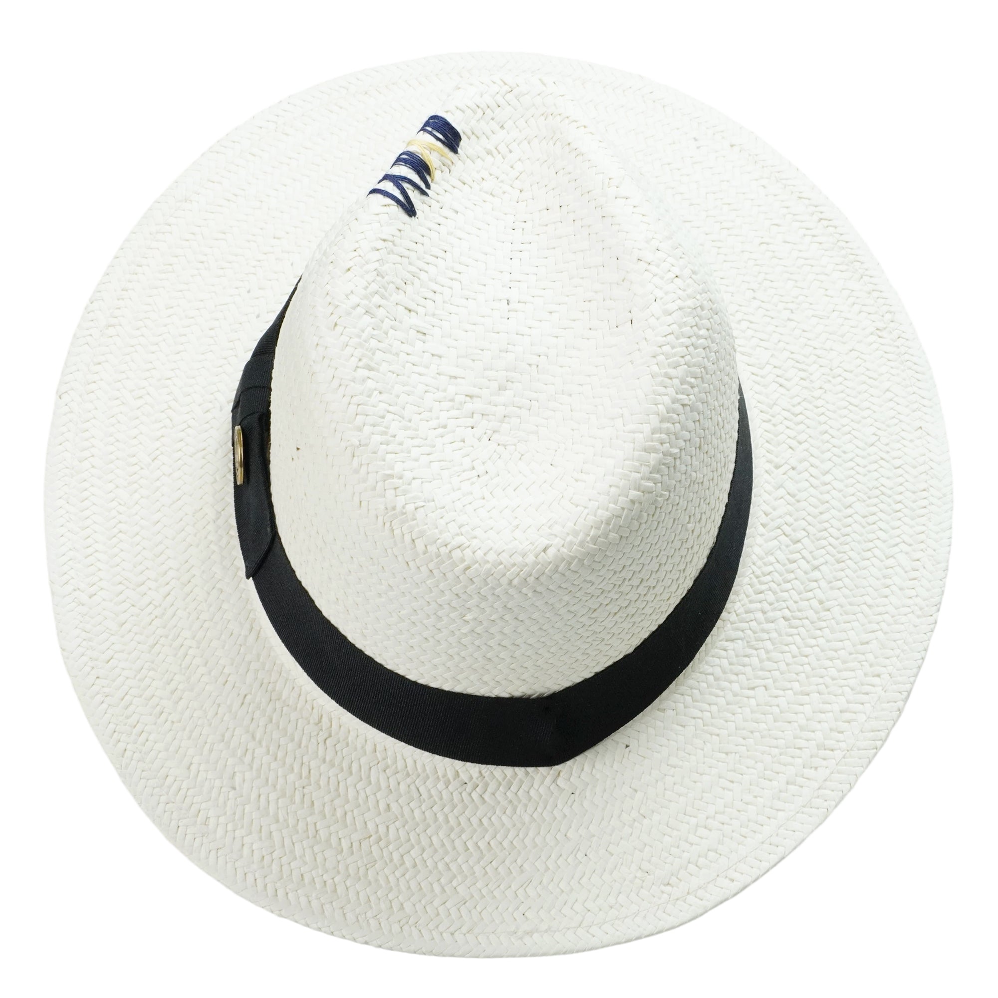 White Straw Hat with Copper Buckle & Stitched Crown