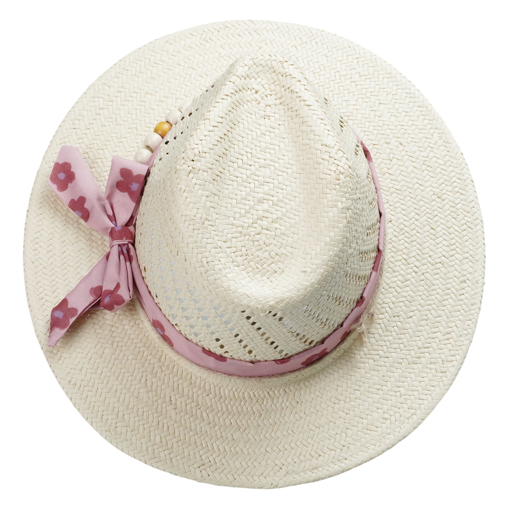 Off-White Straw Hat - Classic Teardrop with Pink Flower Strap