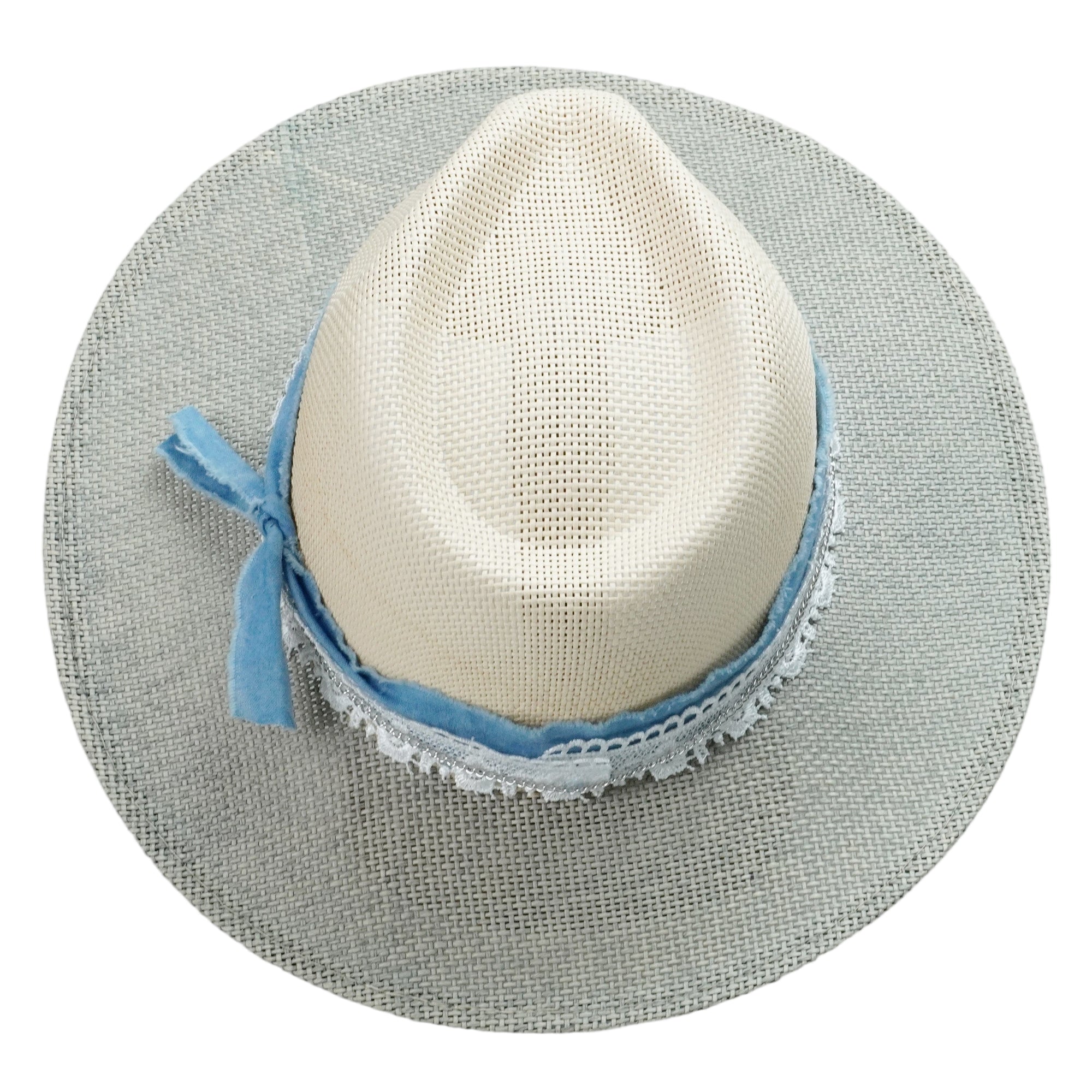 Two-Tone Straw Hat with Denim Band & Silver Chain