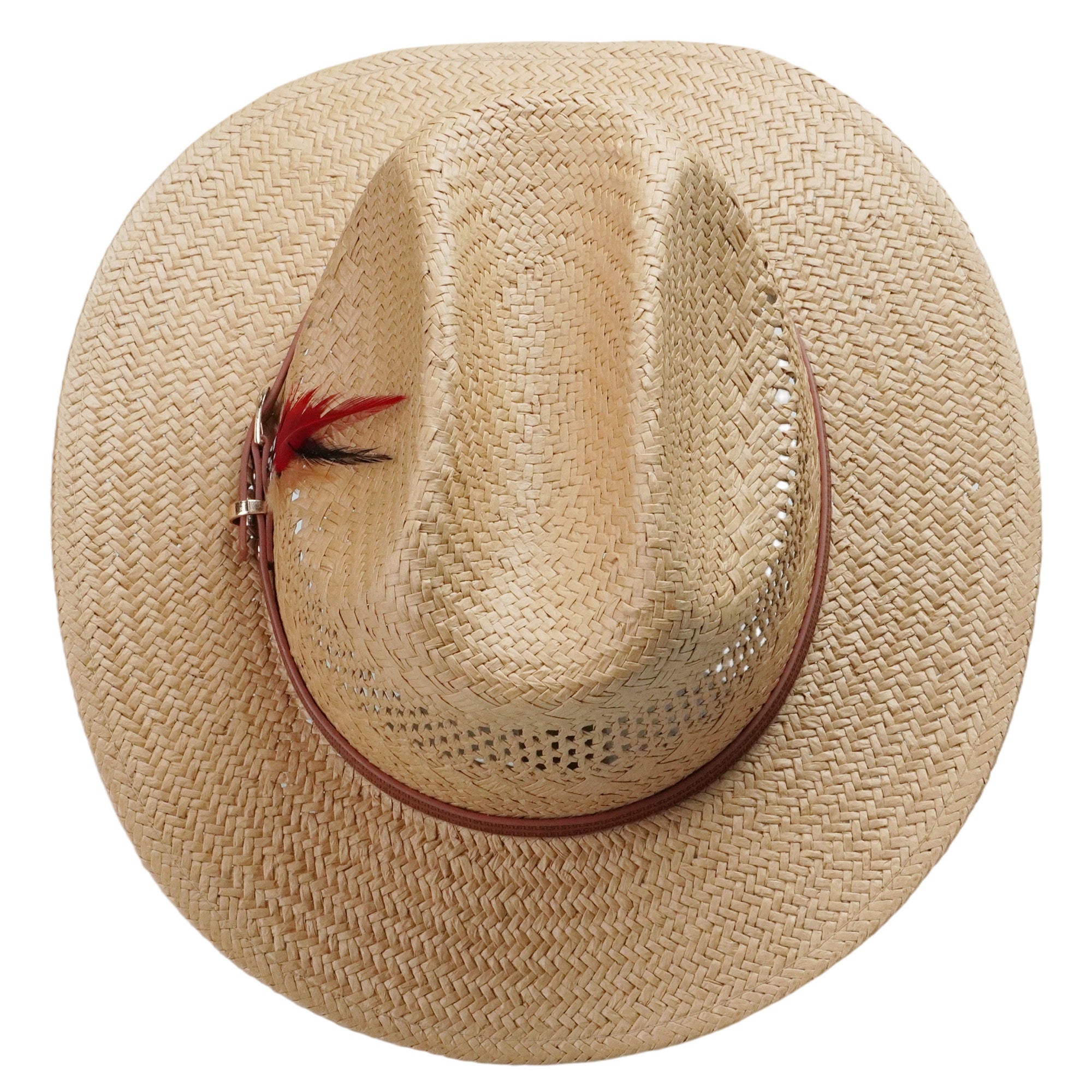 Light Brown Straw Hat with Printed Leather Band & Feather