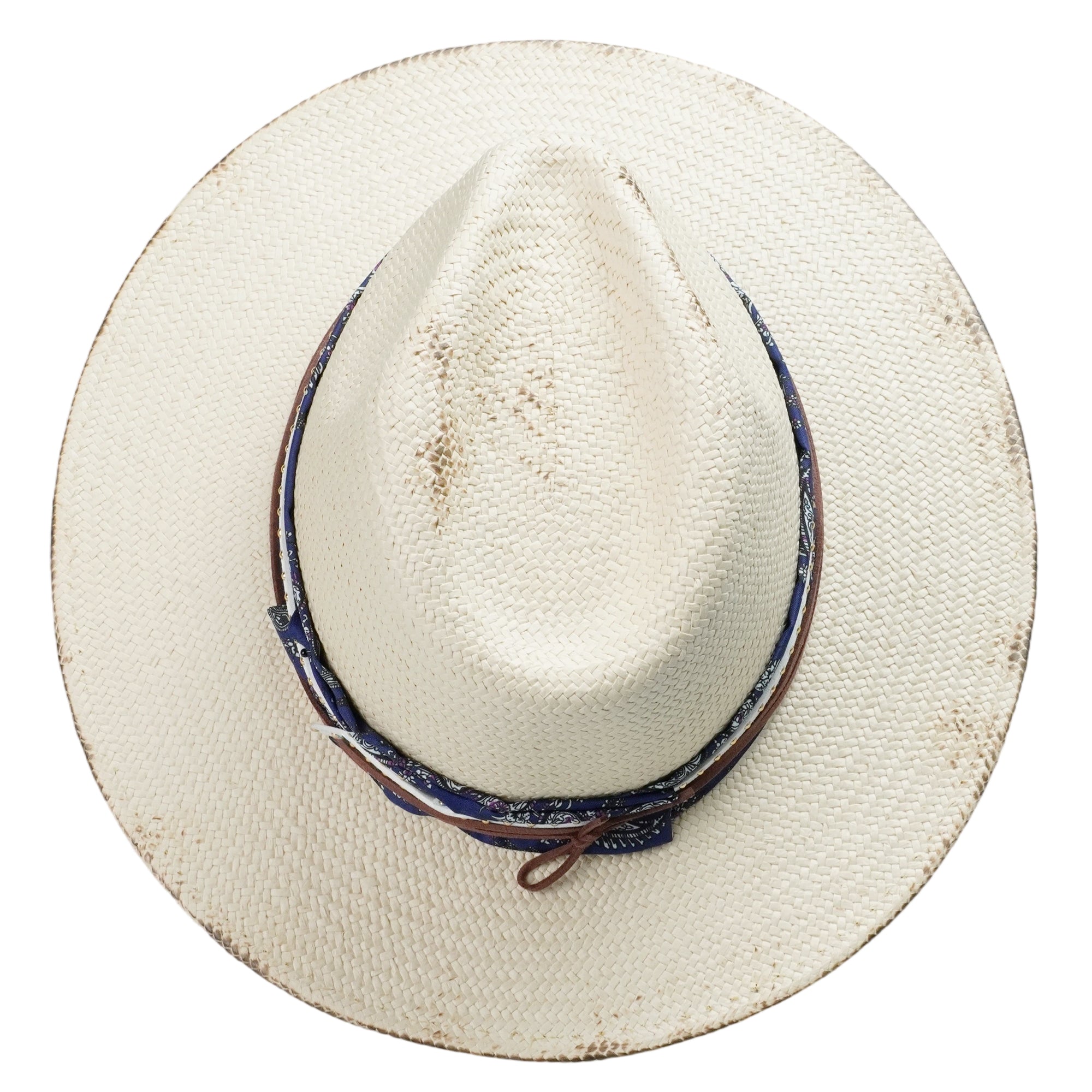 White Straw Hat with Printed Band & Thin Cords
