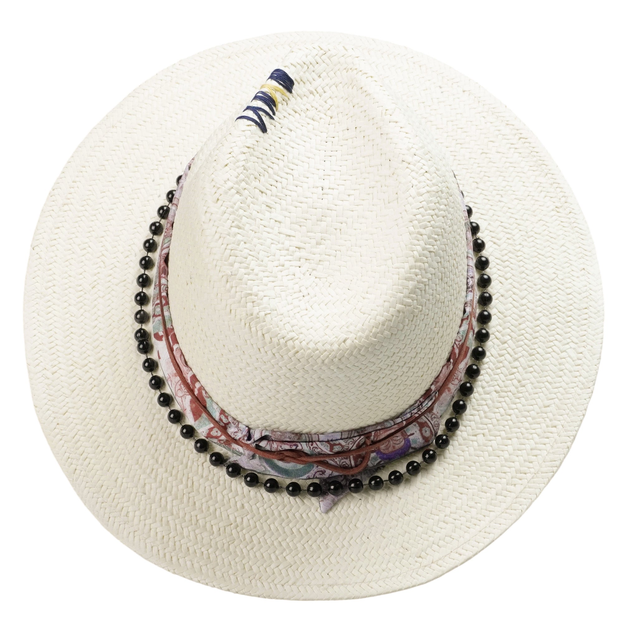 White Straw Hat with Printed Band & Black Beads