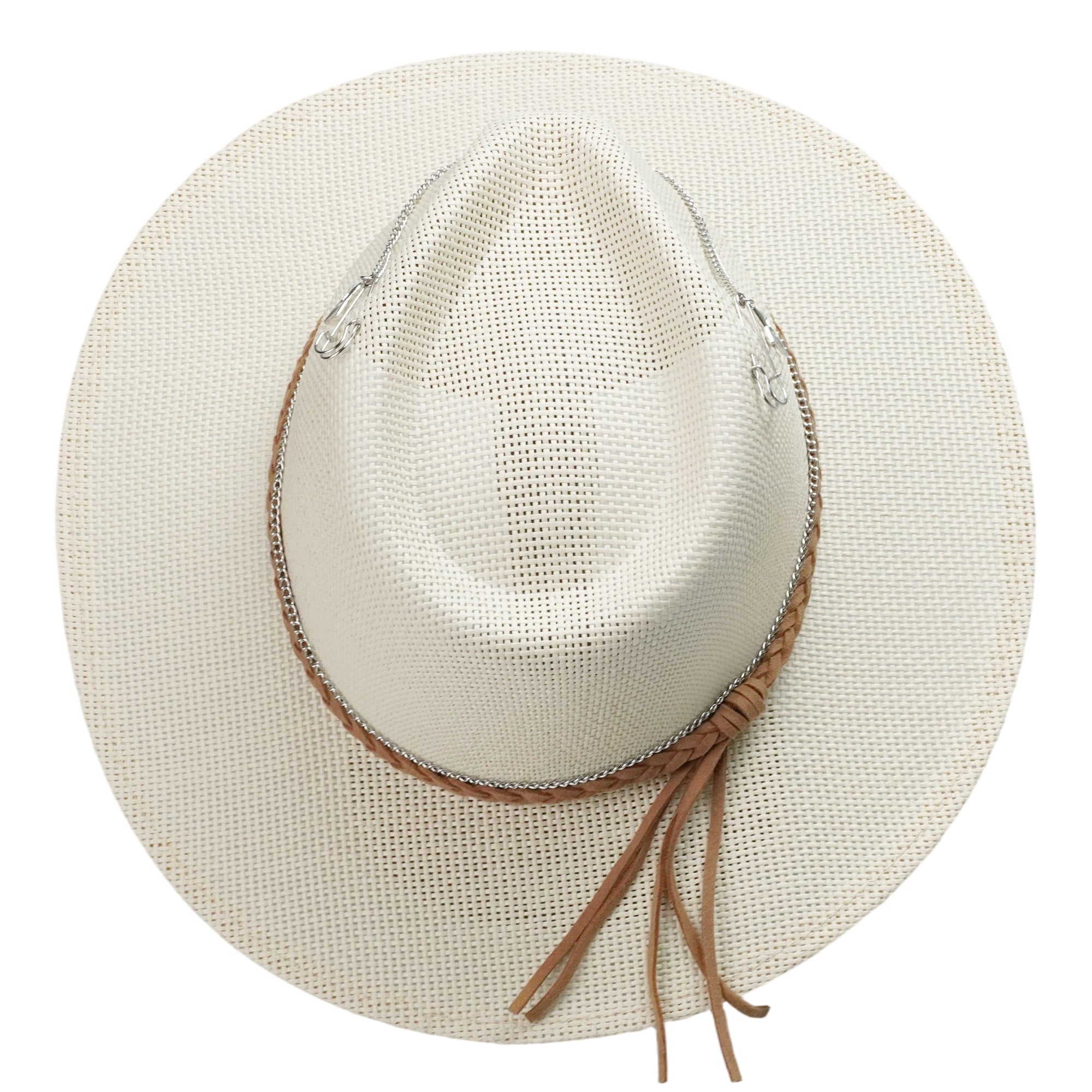 Off-White Straw Hat with Silver Chain & Woven Band