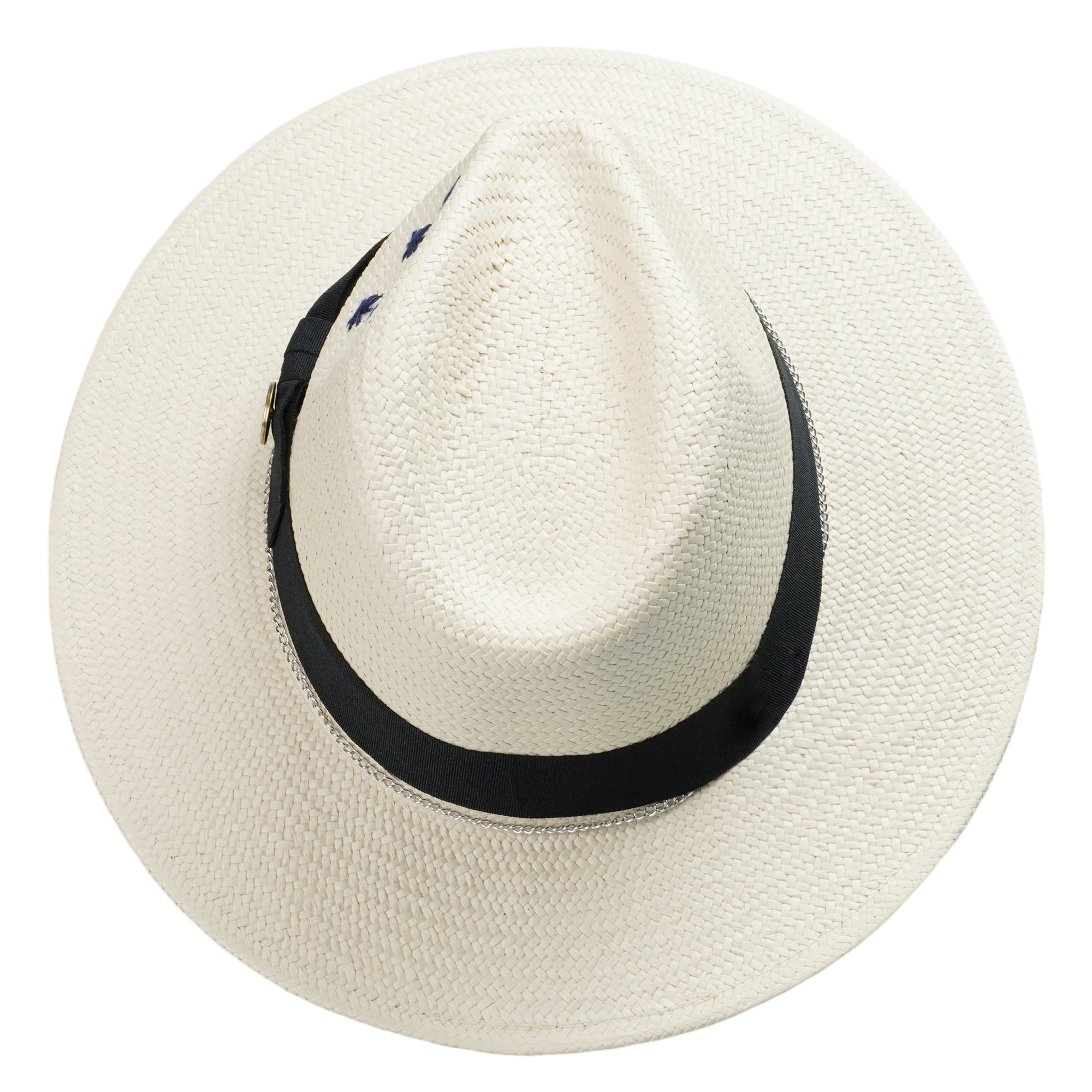 Off-White Straw Hat with Silver Chain & Star Stitching
