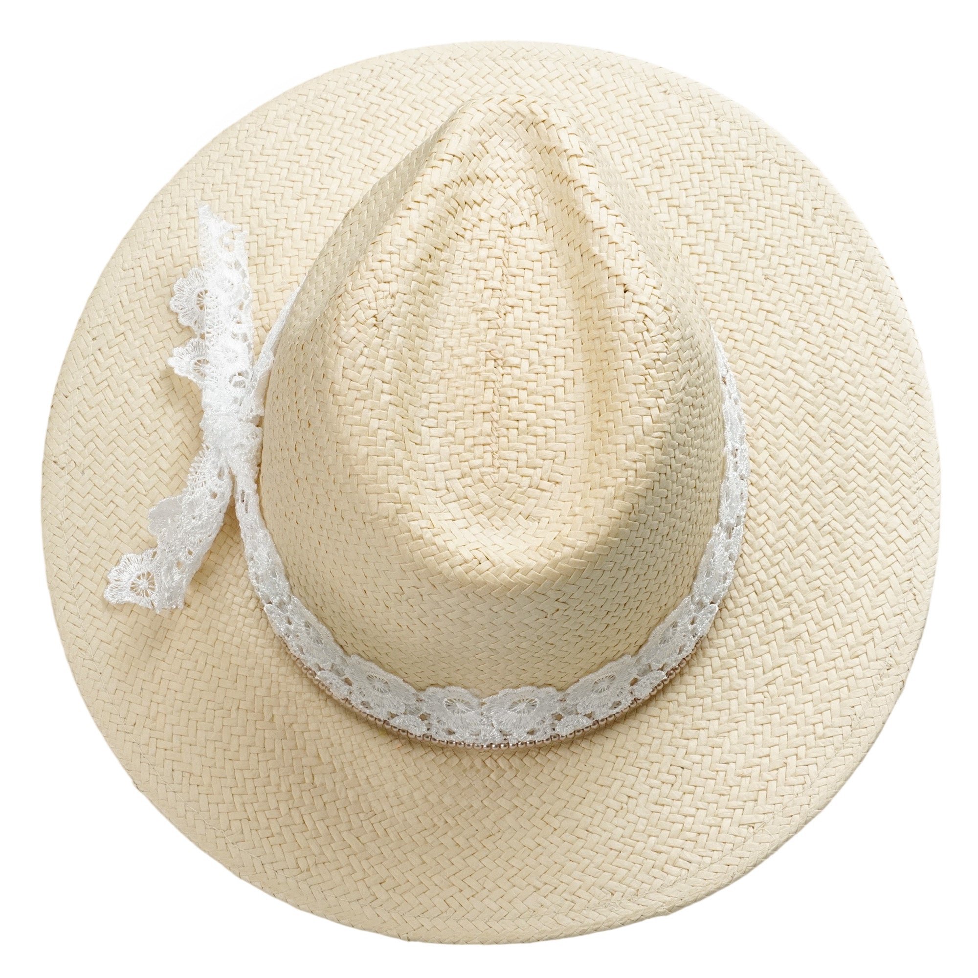 Beige Straw Hat with Custom Lace Band & Refined Beads