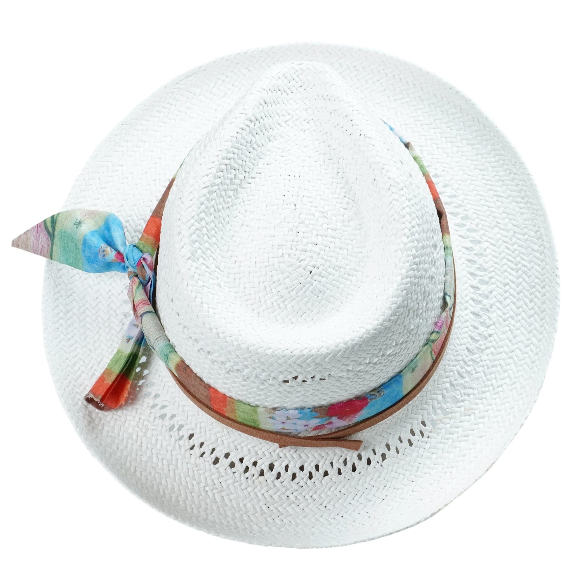 White Straw Hat - Hollow Design with Colorful Fabric Accent