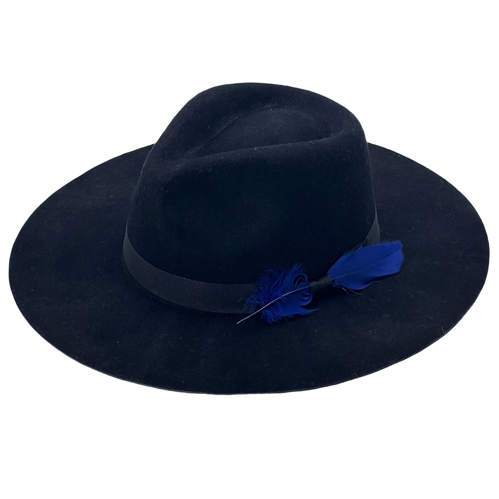 Midnight Black Flat-Brim – Blue Feather Accent