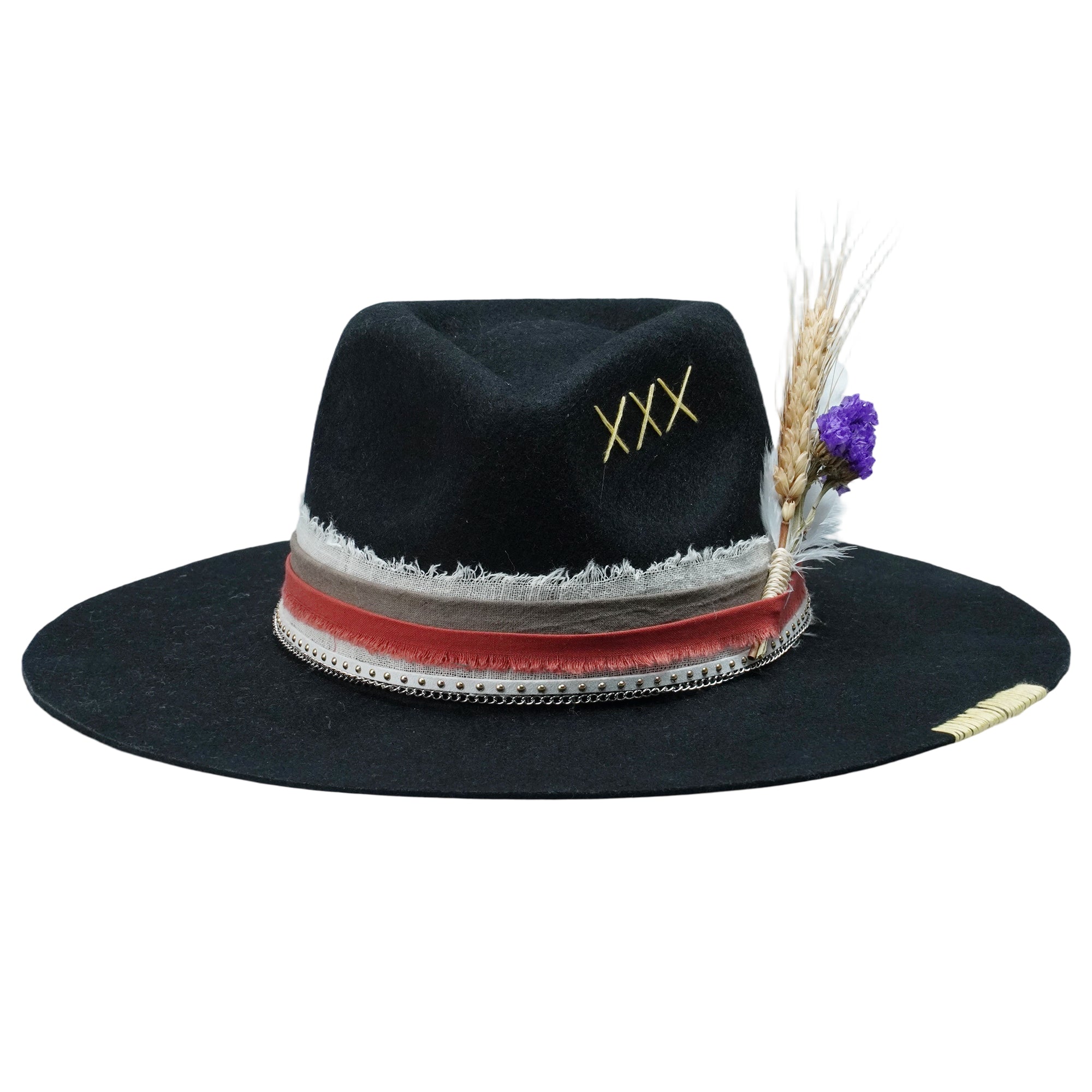 Black Felt Hat with Stitched Crown & Silver Chain Detail