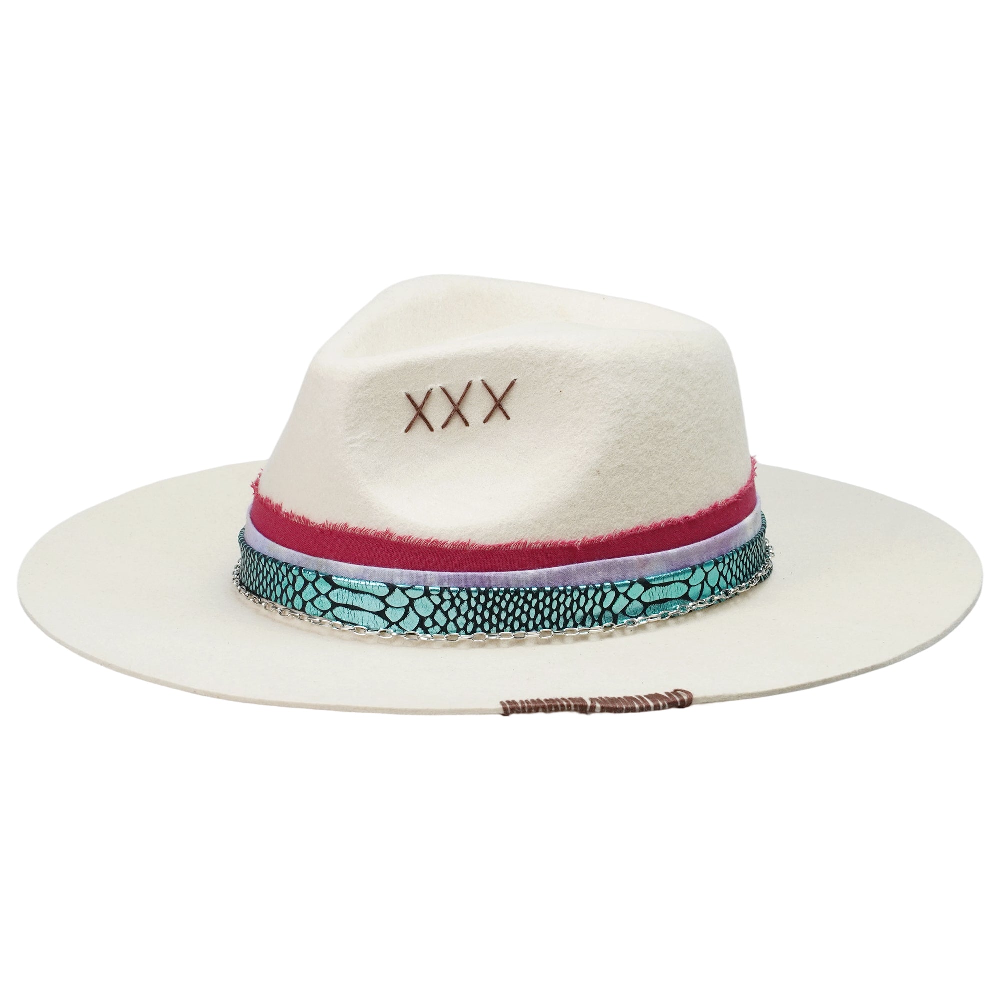 Off-White Felt Hat - Custom Green & Red Fabric Strap