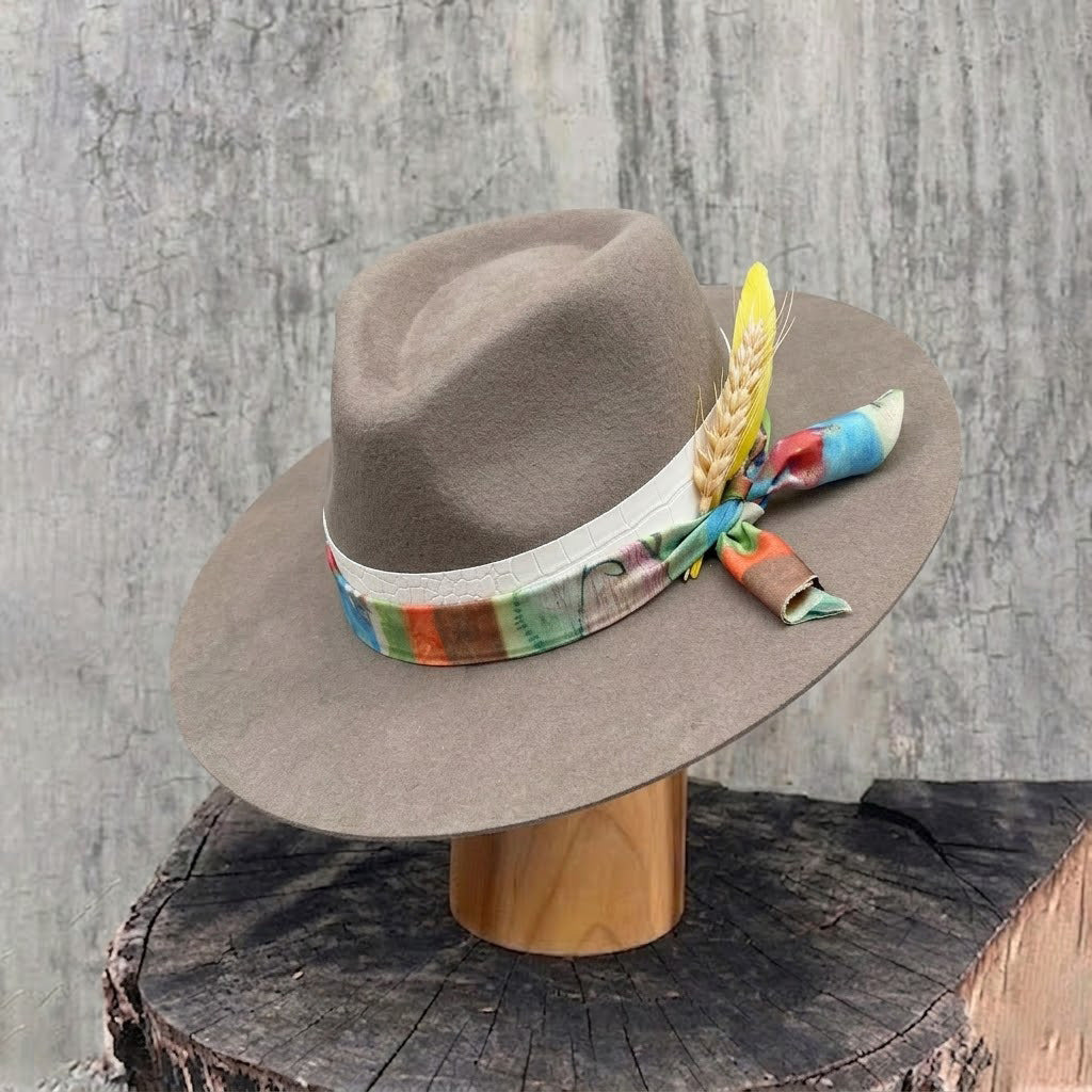 Camel Felt Hat - Custom Fabric with Wheat & Feathers
